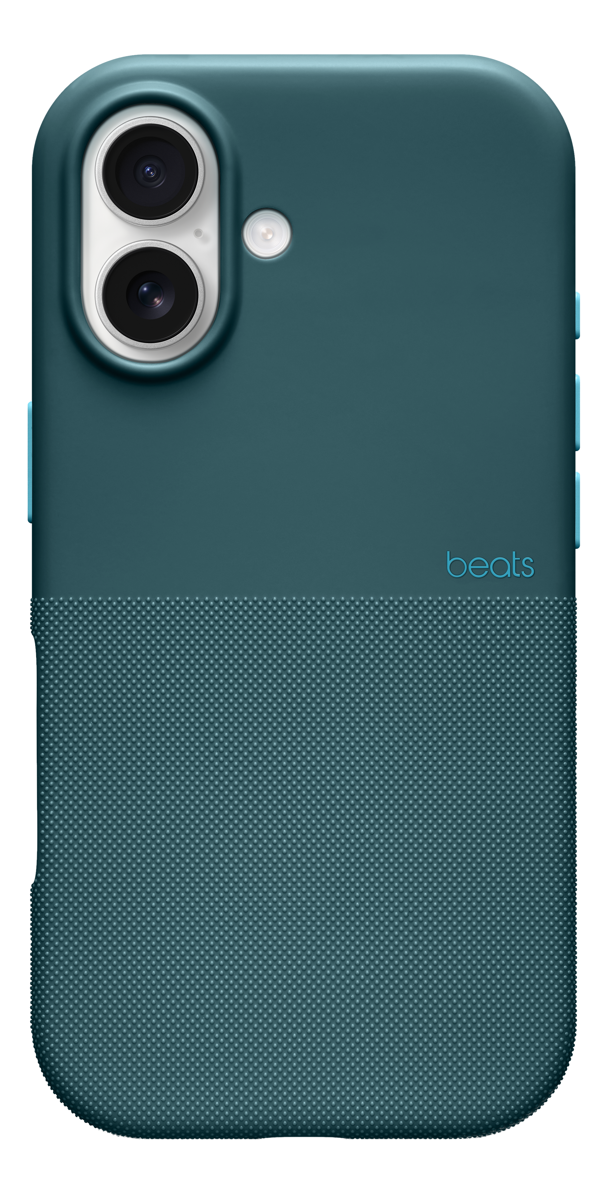 Coque de téléphone sarcelle avec objectifs d'appareil photo et flash. Le logo 'beats' est présent. La partie inférieure a une texture pointillée.