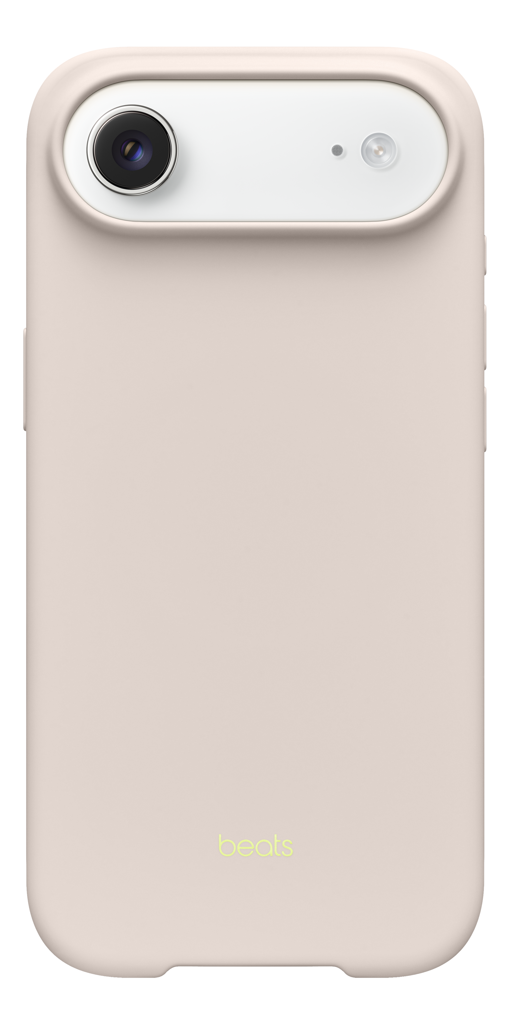 Une coque de téléphone rose clair avec une section caméra blanche. La coque a un logo Beats en bas. Fond noir.