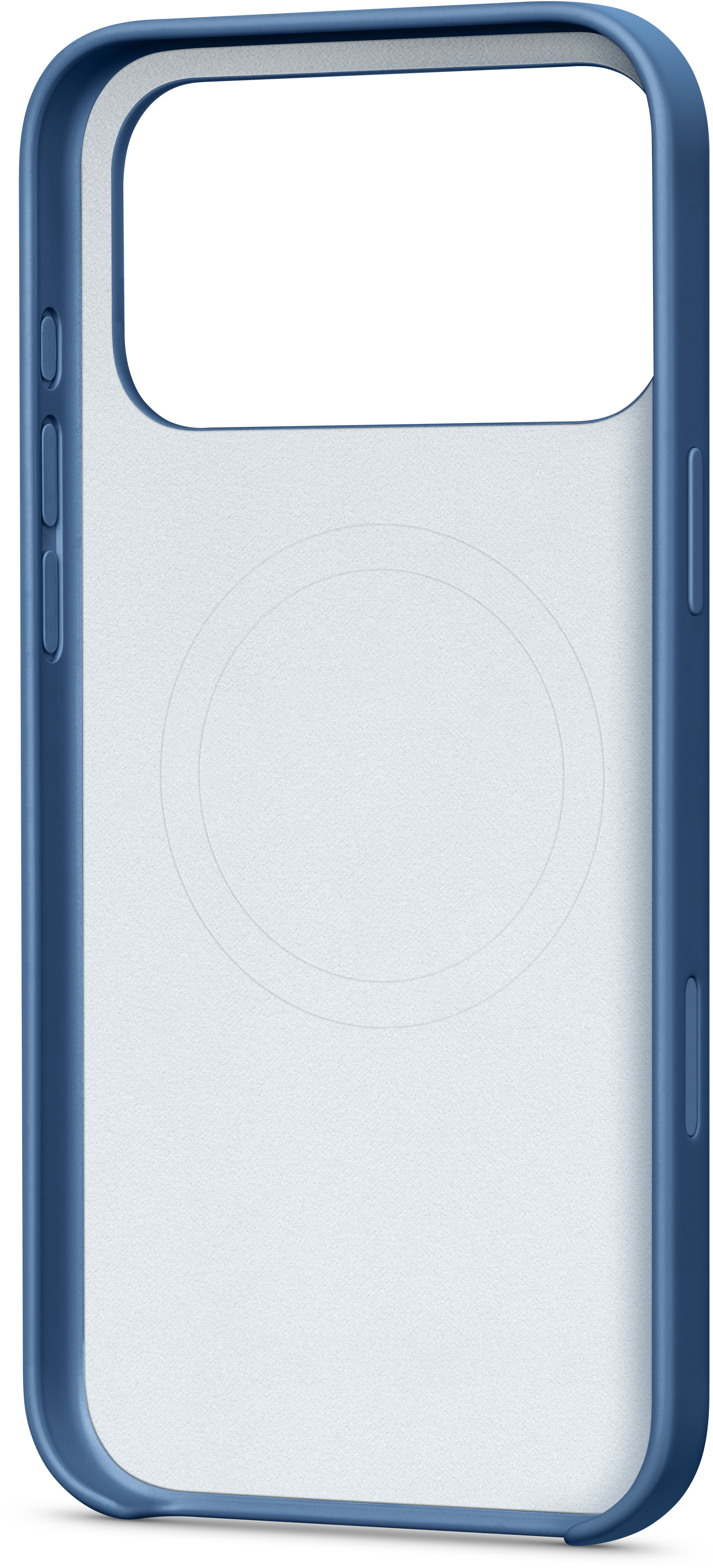 Une coque de téléphone bleue et blanche. La découpe de l'appareil photo et les boutons du téléphone sont visibles. L'arrière a une texture circulaire subtile.