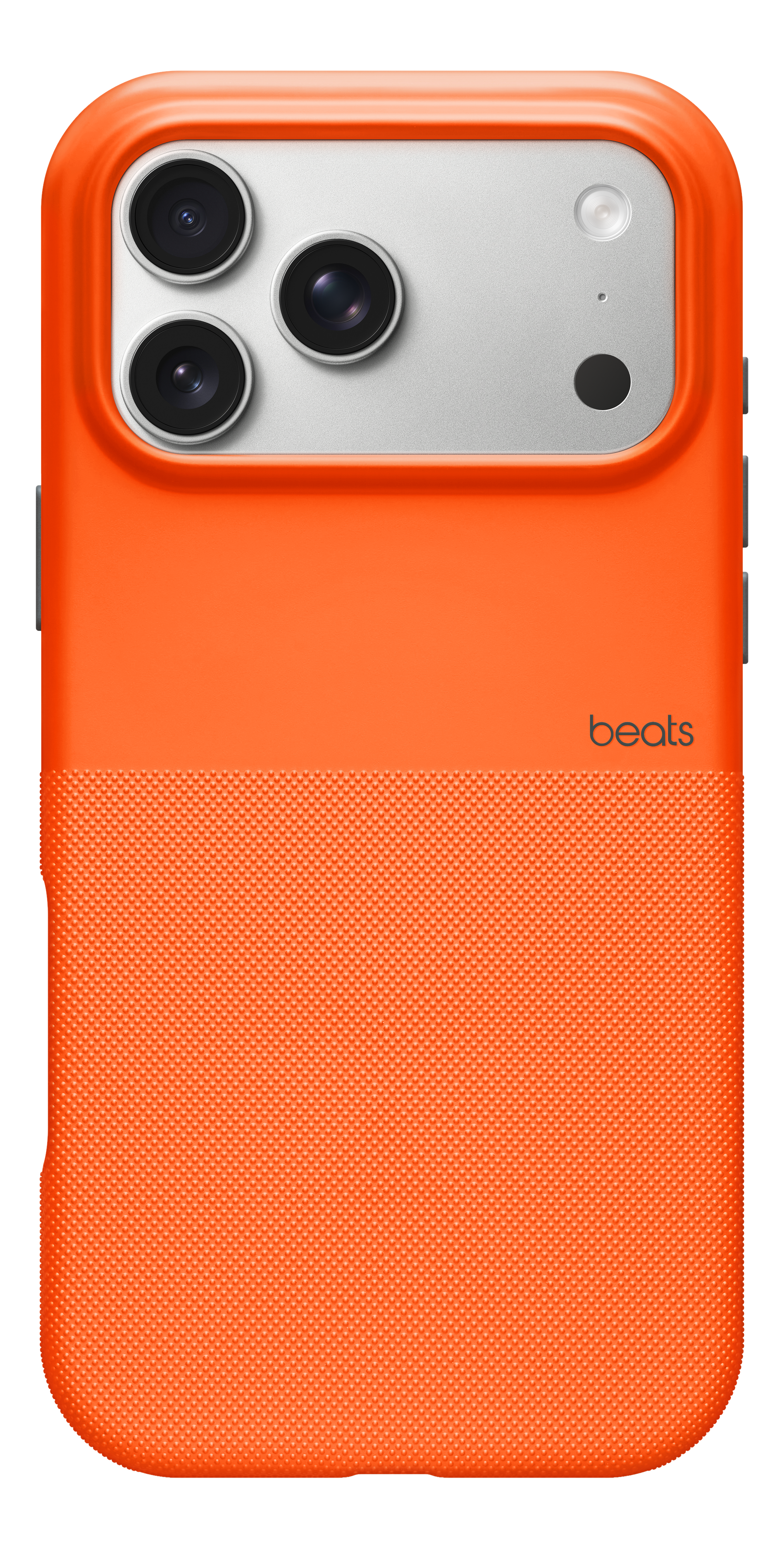 Coque de téléphone orange avec une zone de caméra argentée. Elle a trois lentilles, un flash et le logo 'beats'. Le bas a des points texturés.