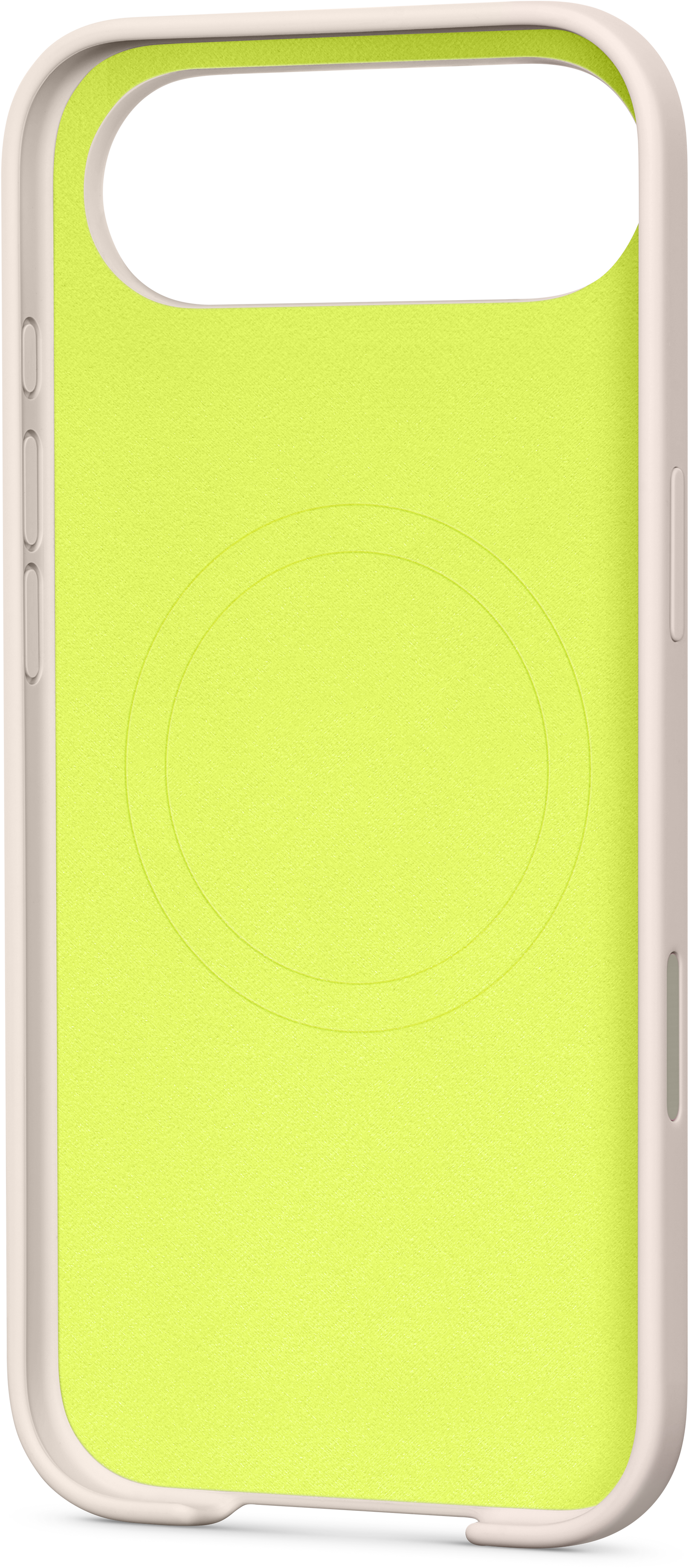 Une coque de téléphone avec un intérieur jaune clair et un bord crème. L'intérieur présente un motif circulaire.