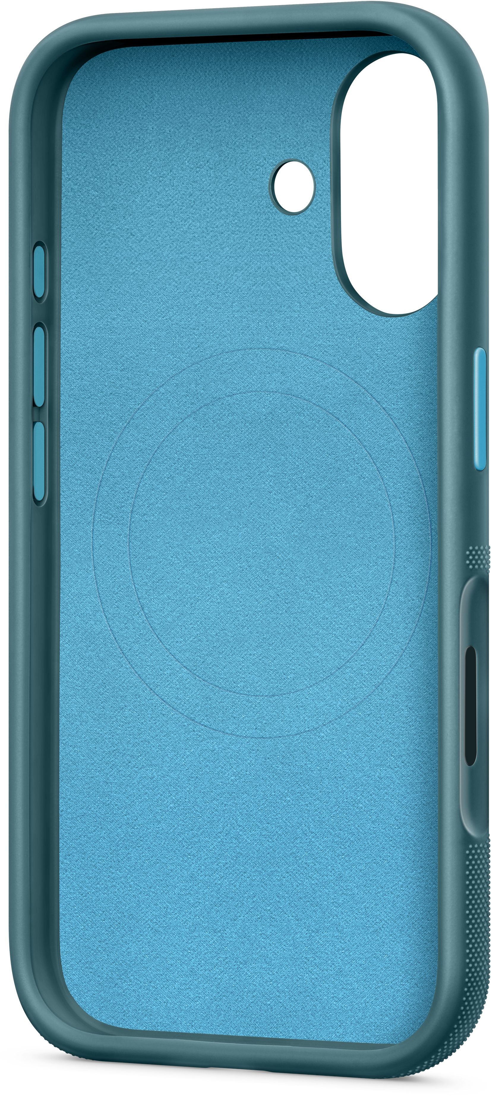 Un étui de téléphone teal. Il a des découpes pour les boutons et les ports. Un trou pour la caméra est présent. À l'intérieur, un cercle est visible.