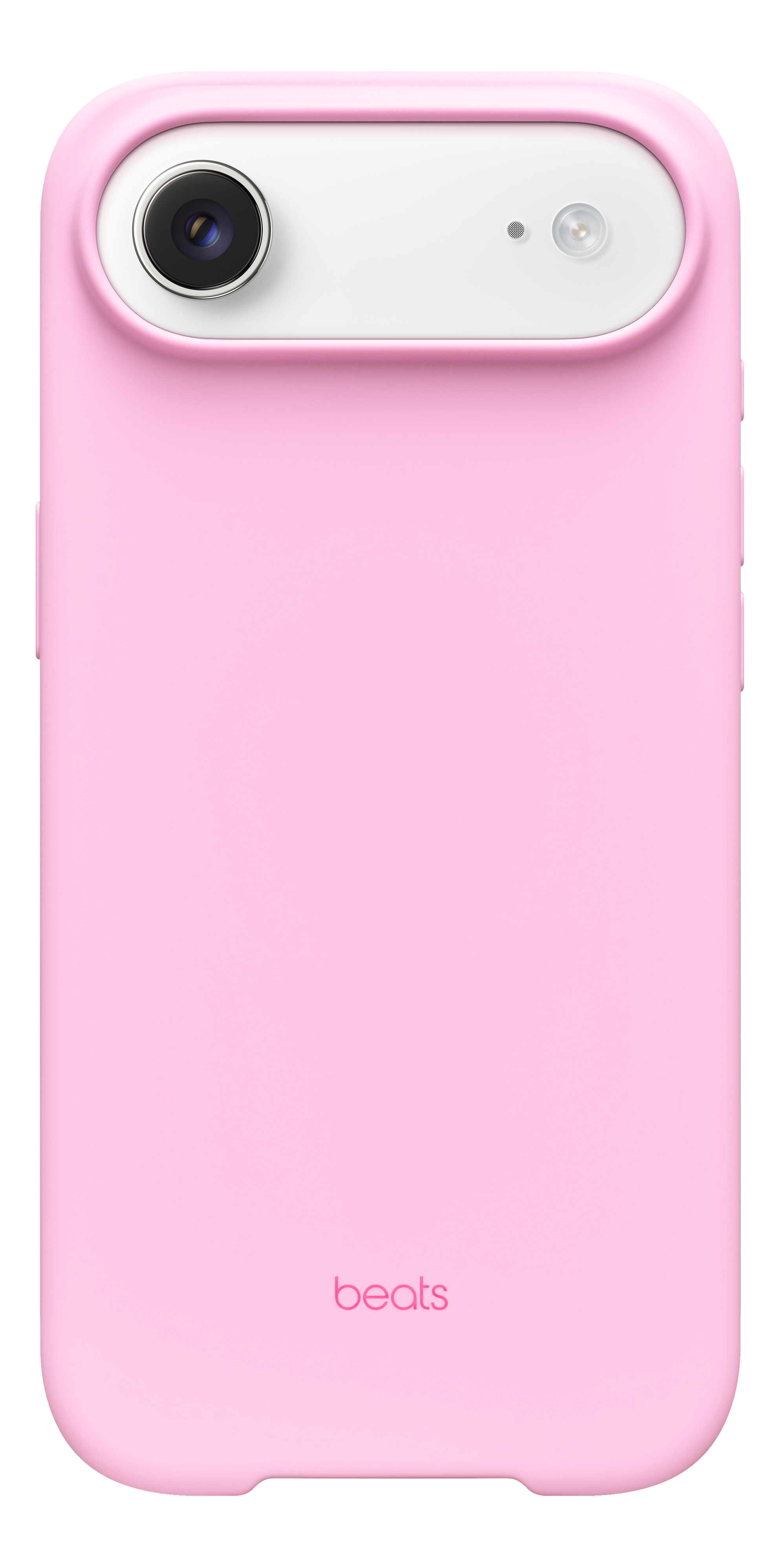 Une coque de téléphone rose avec une section caméra blanche et le logo Beats. La caméra a un objectif noir.