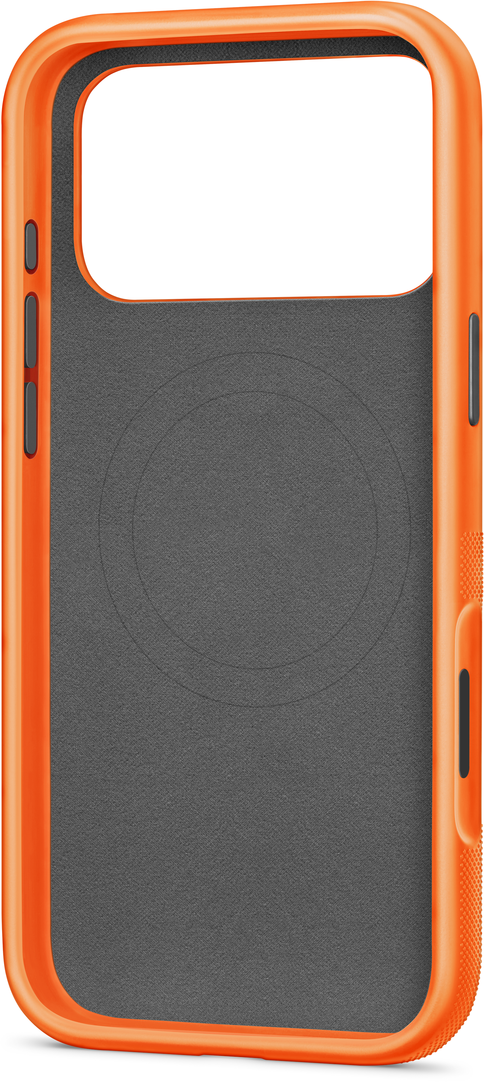 Une coque de téléphone orange avec un intérieur gris. La coque a un côté texturé et une découpe pour la caméra.