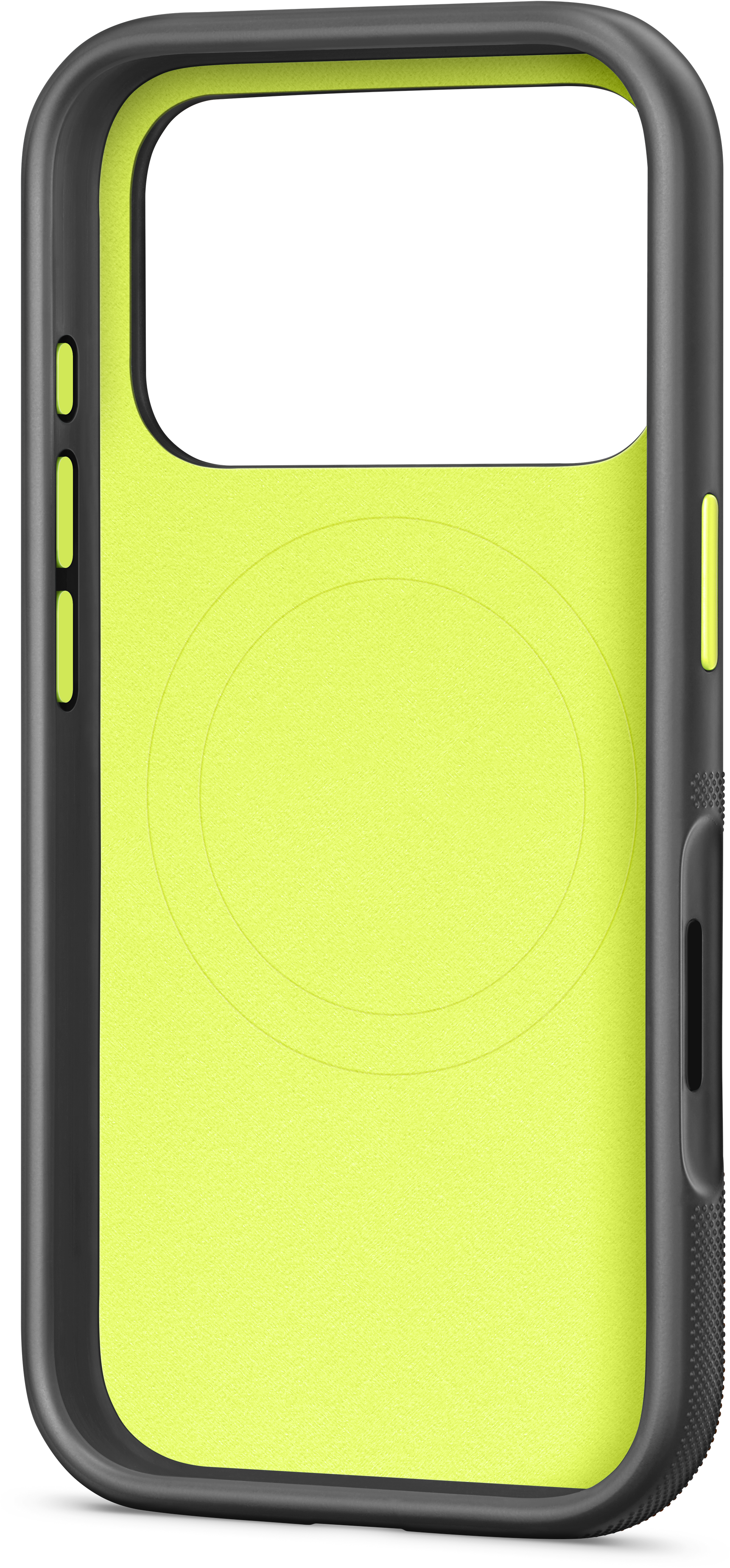 Une coque de téléphone avec intérieur jaune néon et cadre noir. La coque a des découpes pour l'appareil photo et les boutons.