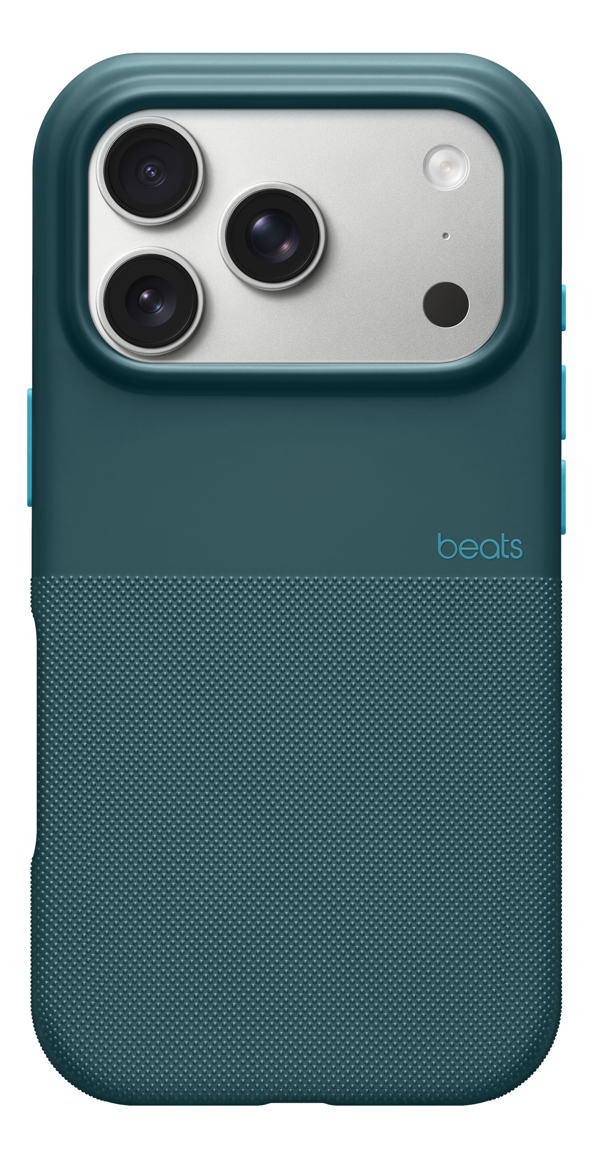 Coque de téléphone sarcelle avec section caméra. Haut avec trois lentilles et un flash. Section inférieure texturée avec logo 'beats'.