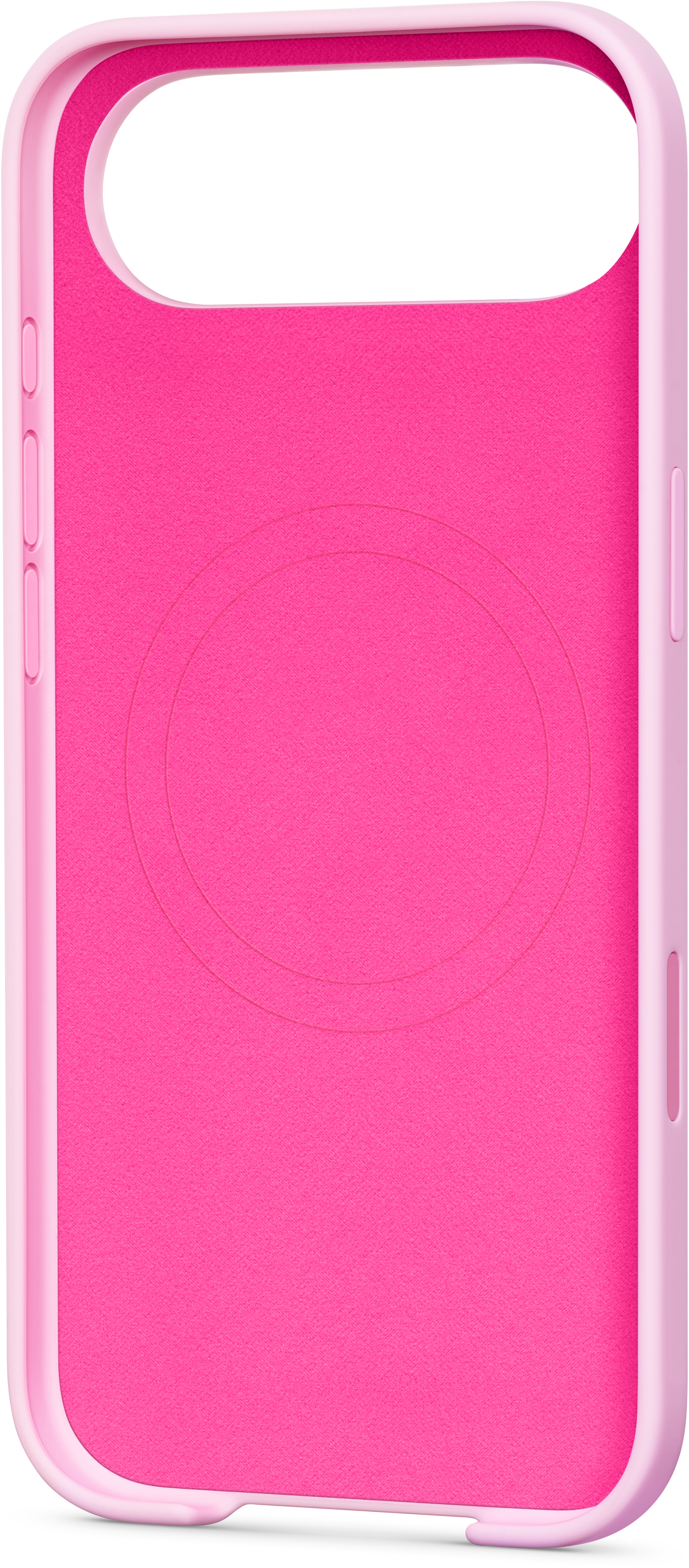 Intérieur d'une coque de téléphone rose. Une surface rose texturée se trouve à l'intérieur d'un cadre rose clair. Il y a un design circulaire au centre.