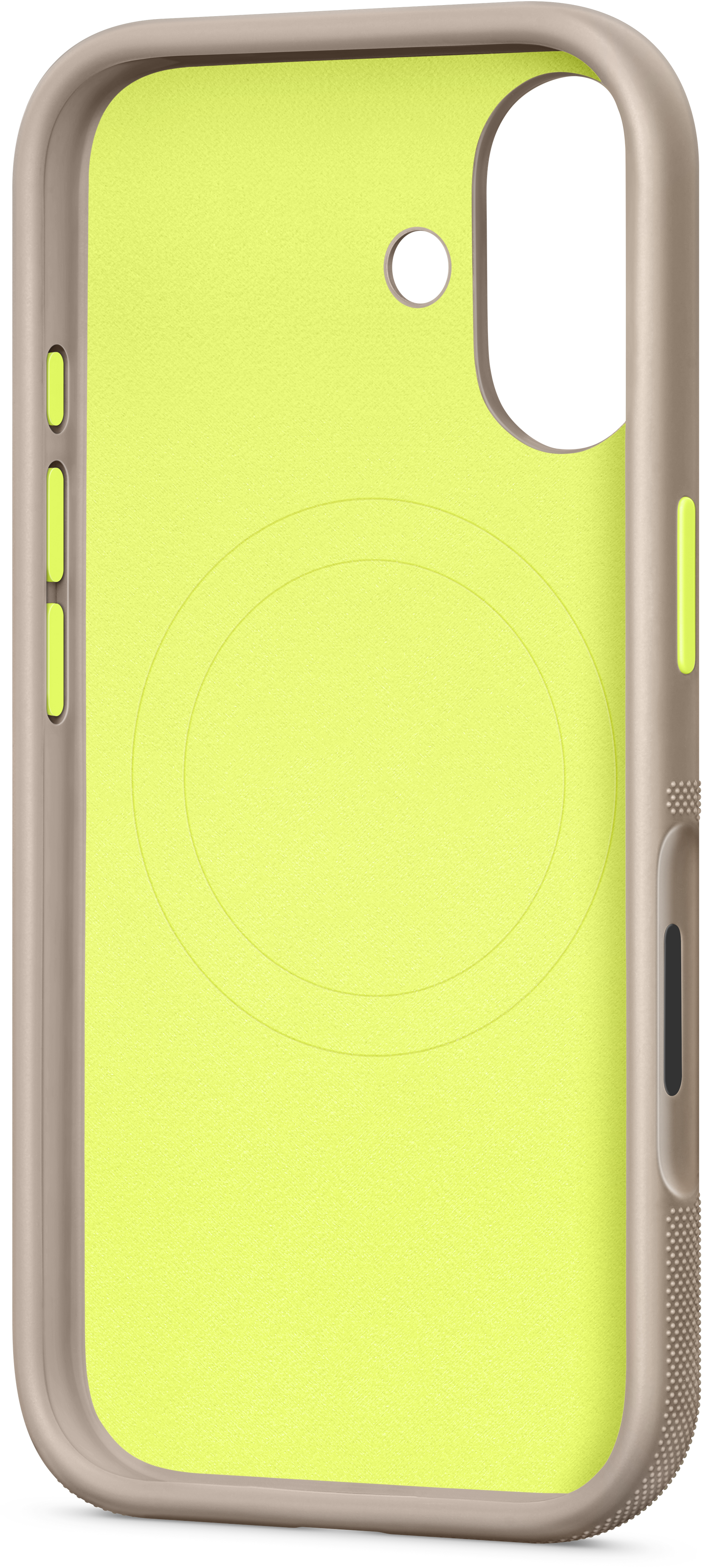 Une coque de téléphone vert citron avec bord beige. Comprend des découpes pour caméra et boutons. Une encoche circulaire est visible au dos.