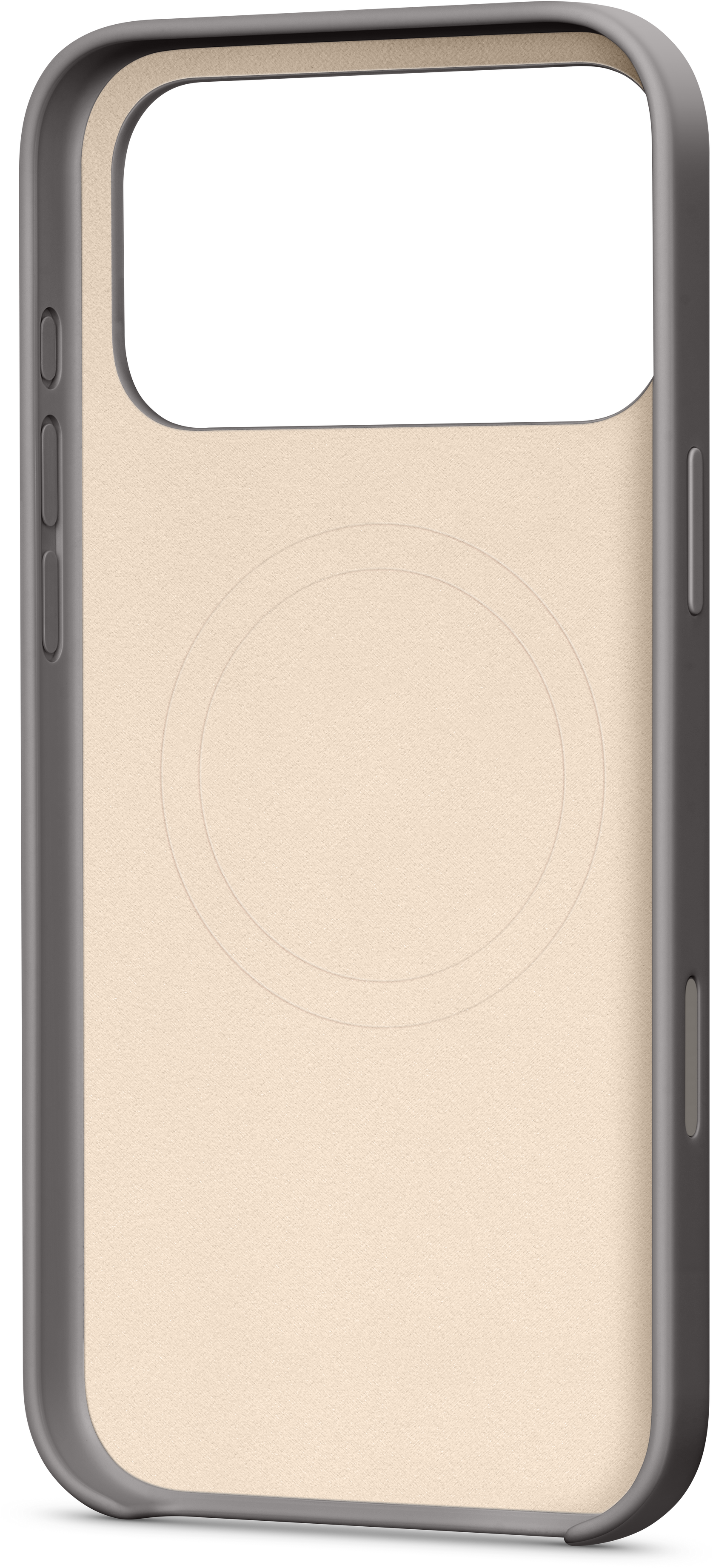 Coque de téléphone avec intérieur beige clair et cadre gris foncé. Un motif circulaire est visible à l'intérieur.