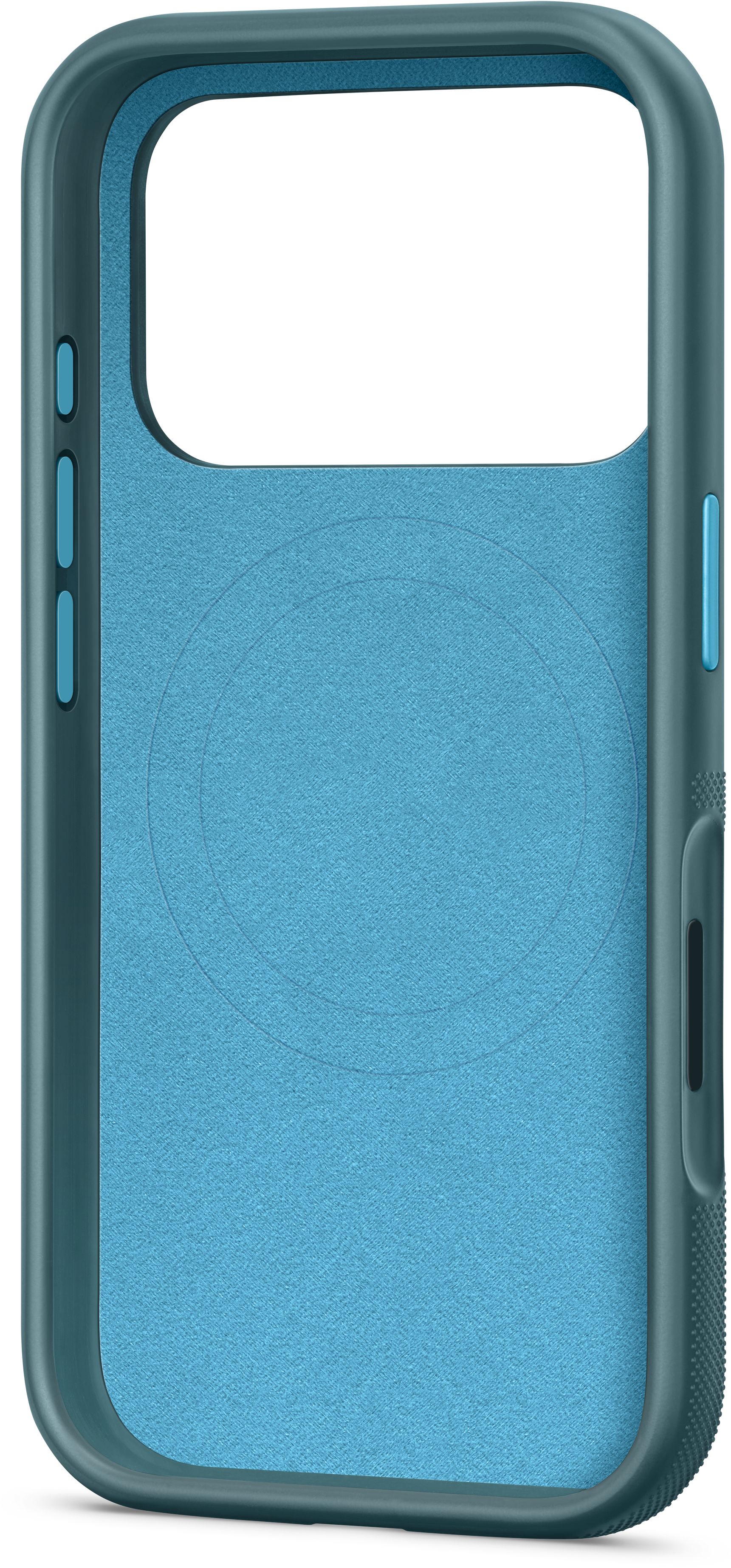 Un étui de téléphone sarcelle avec un intérieur bleu. L'étui a des boutons sur le côté et une découpe pour l'appareil photo.
