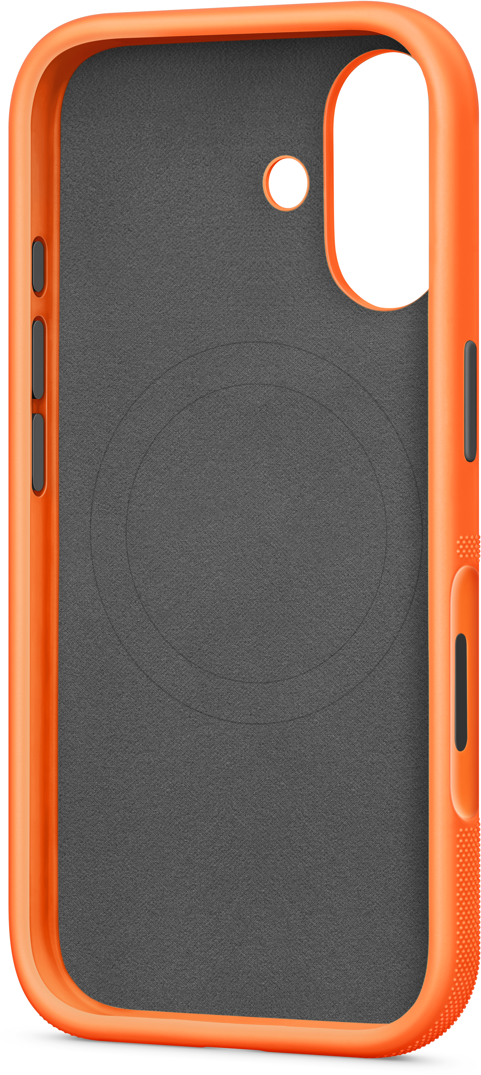 Intérieur d'une coque de téléphone orange. Surface grise texturée avec un motif circulaire et des découpes pour la caméra et les boutons.