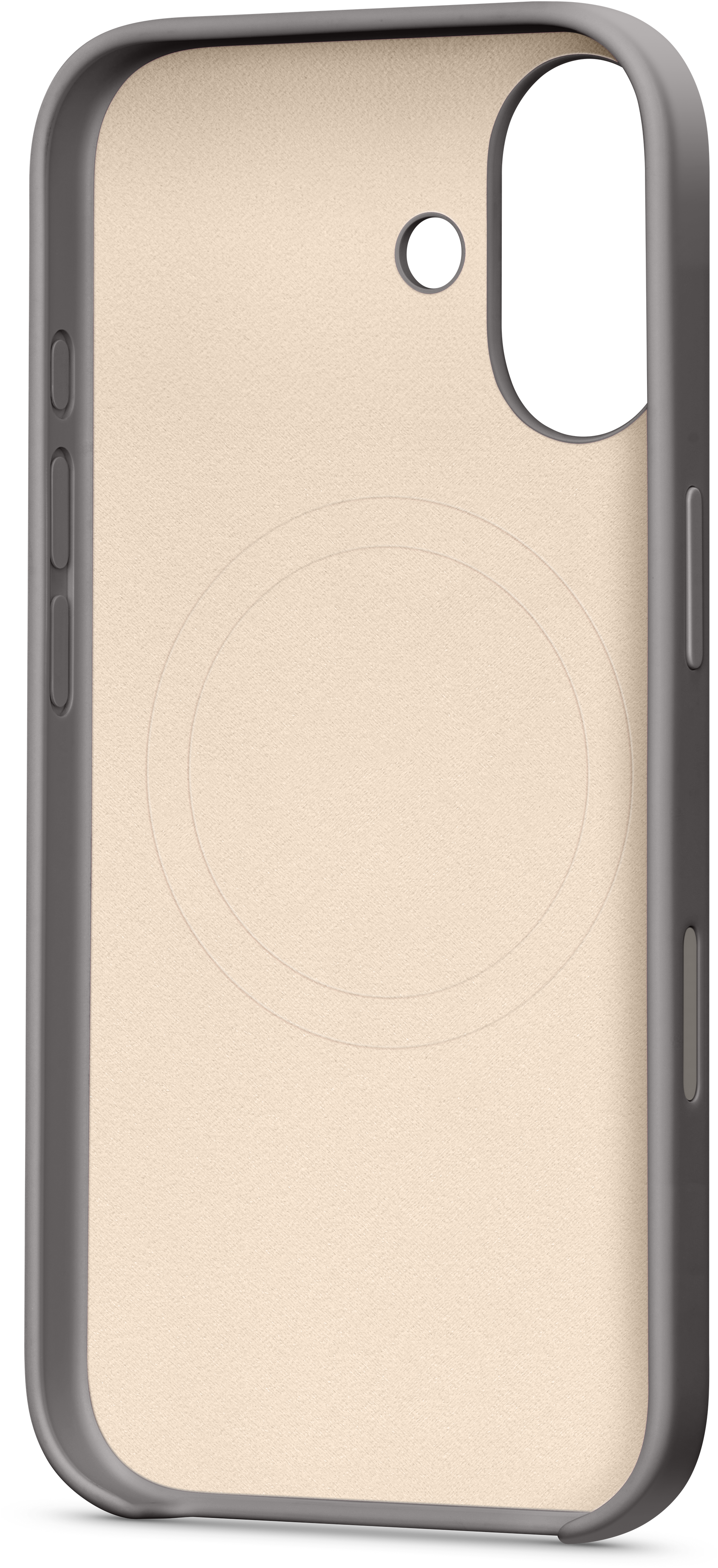 Coque de téléphone beige avec cadre gris, trou pour appareil photo et boutons. Design circulaire au dos.