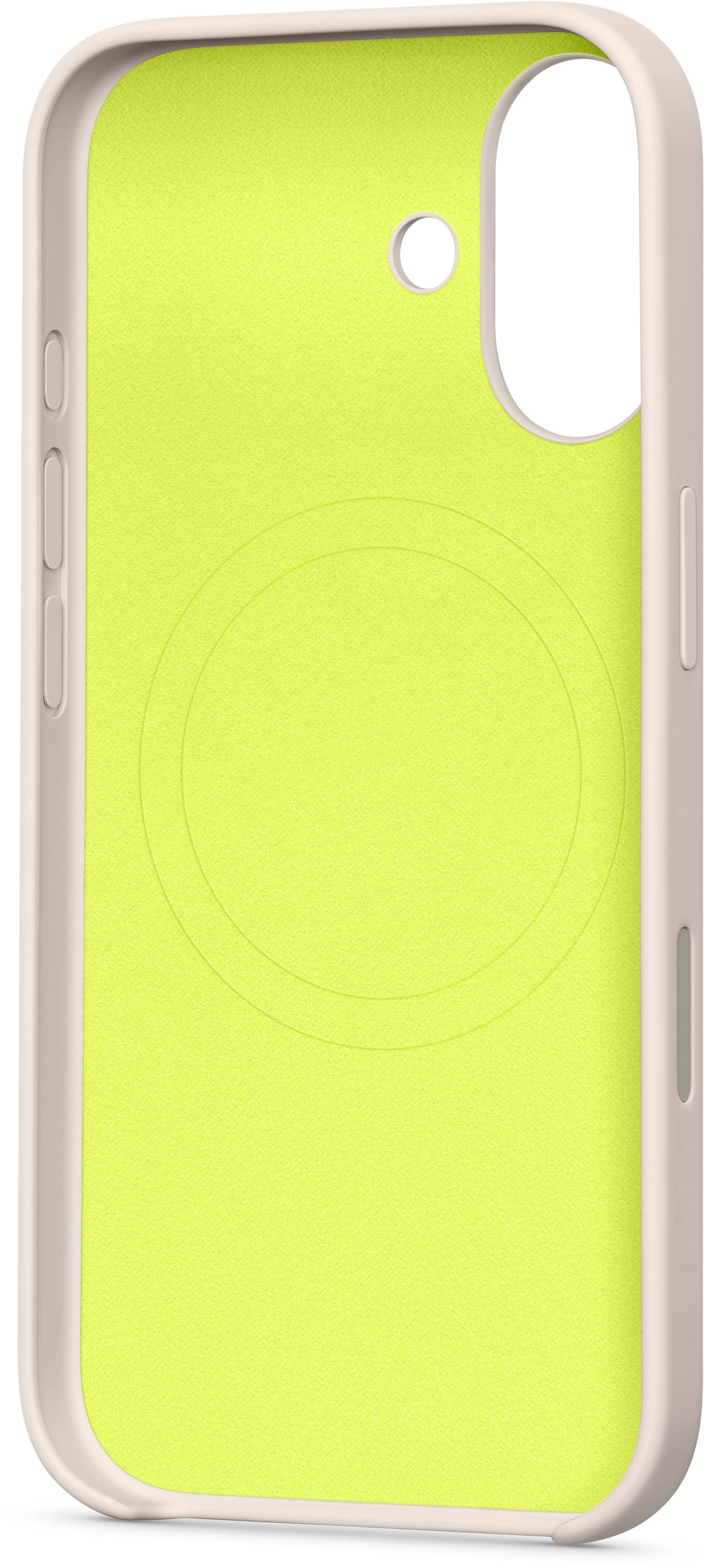 Une coque de téléphone, intérieur vert citron avec un cadre crème. Il y a une ouverture pour l'appareil photo et un motif circulaire au dos.