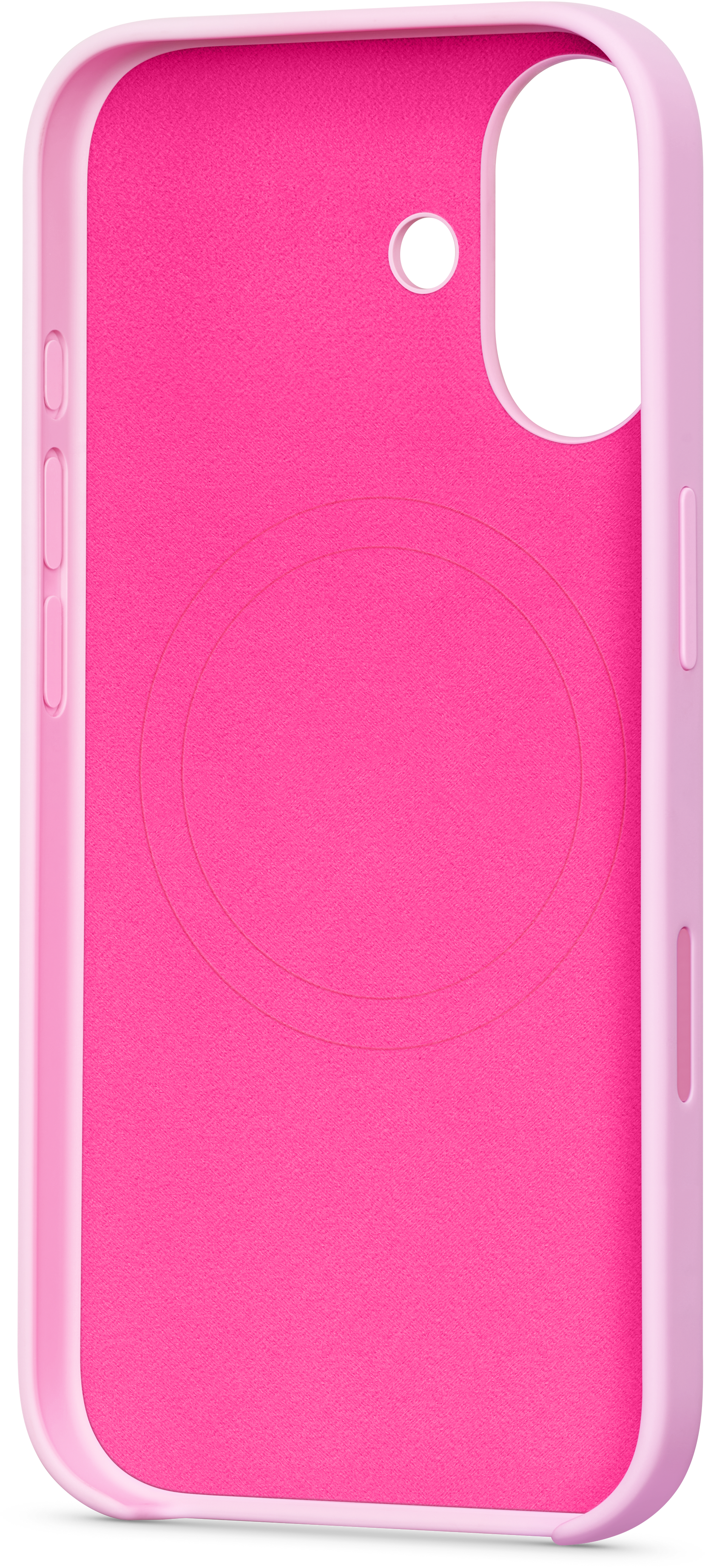 Eine rosa Handyhülle. Sie hat eine strukturierte Innenseite und eine glatte Außenseite. Es gibt Löcher für Kamera und Knöpfe.
