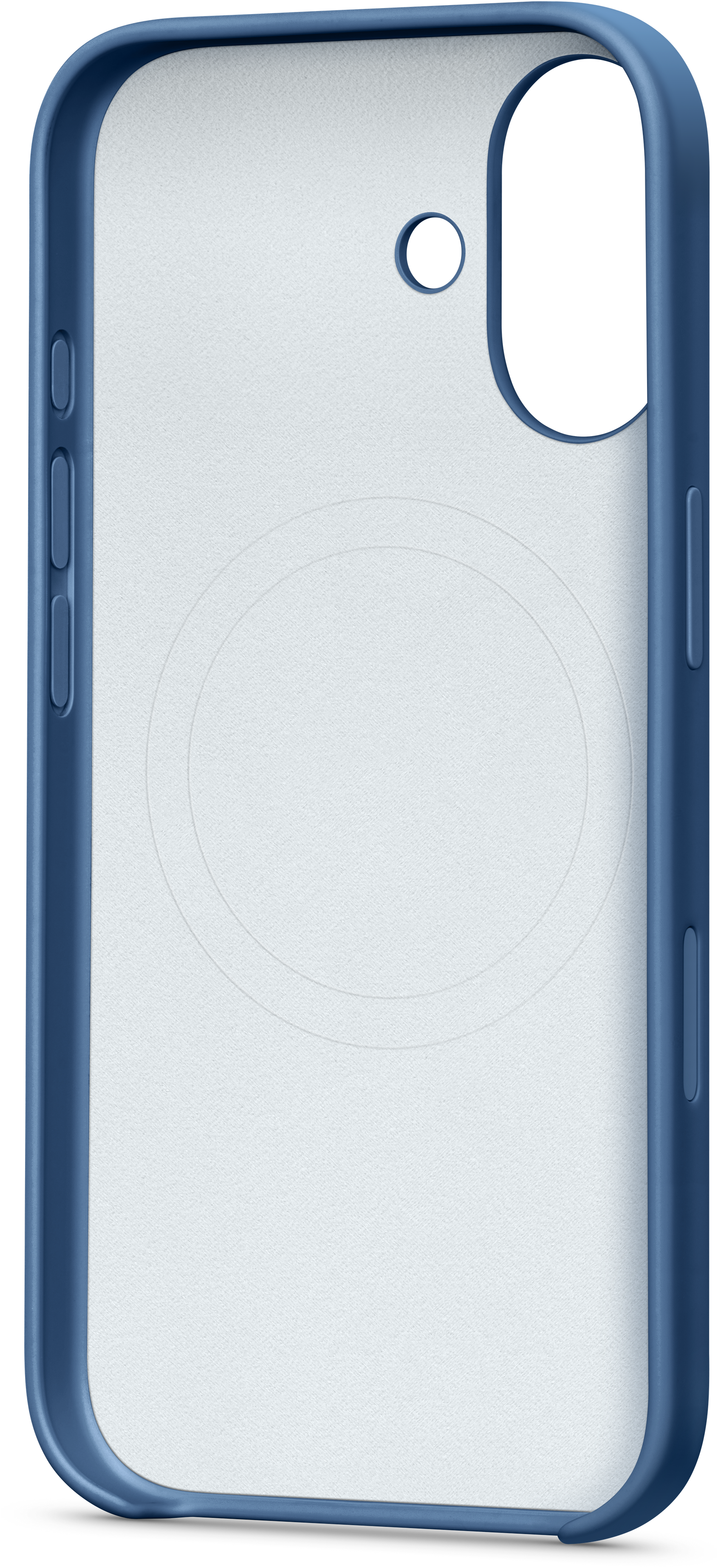 Une coque de téléphone bleue avec un intérieur blanc. Elle a un trou pour l'appareil photo et des boutons latéraux. L'intérieur a un design circulaire.