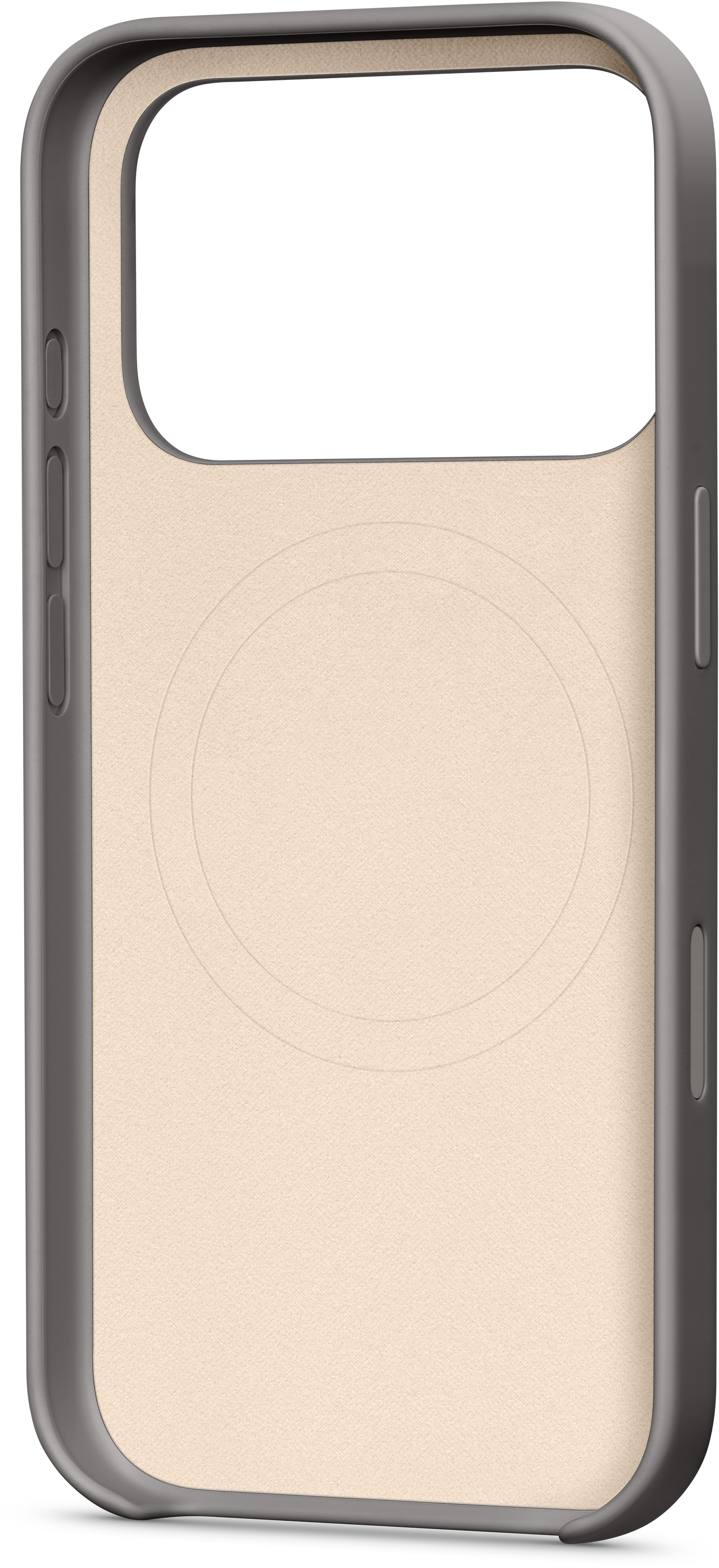 Coque de téléphone grise et beige. Elle a une découpe pour l'appareil photo et des boutons. L'arrière beige a un marquage circulaire.
