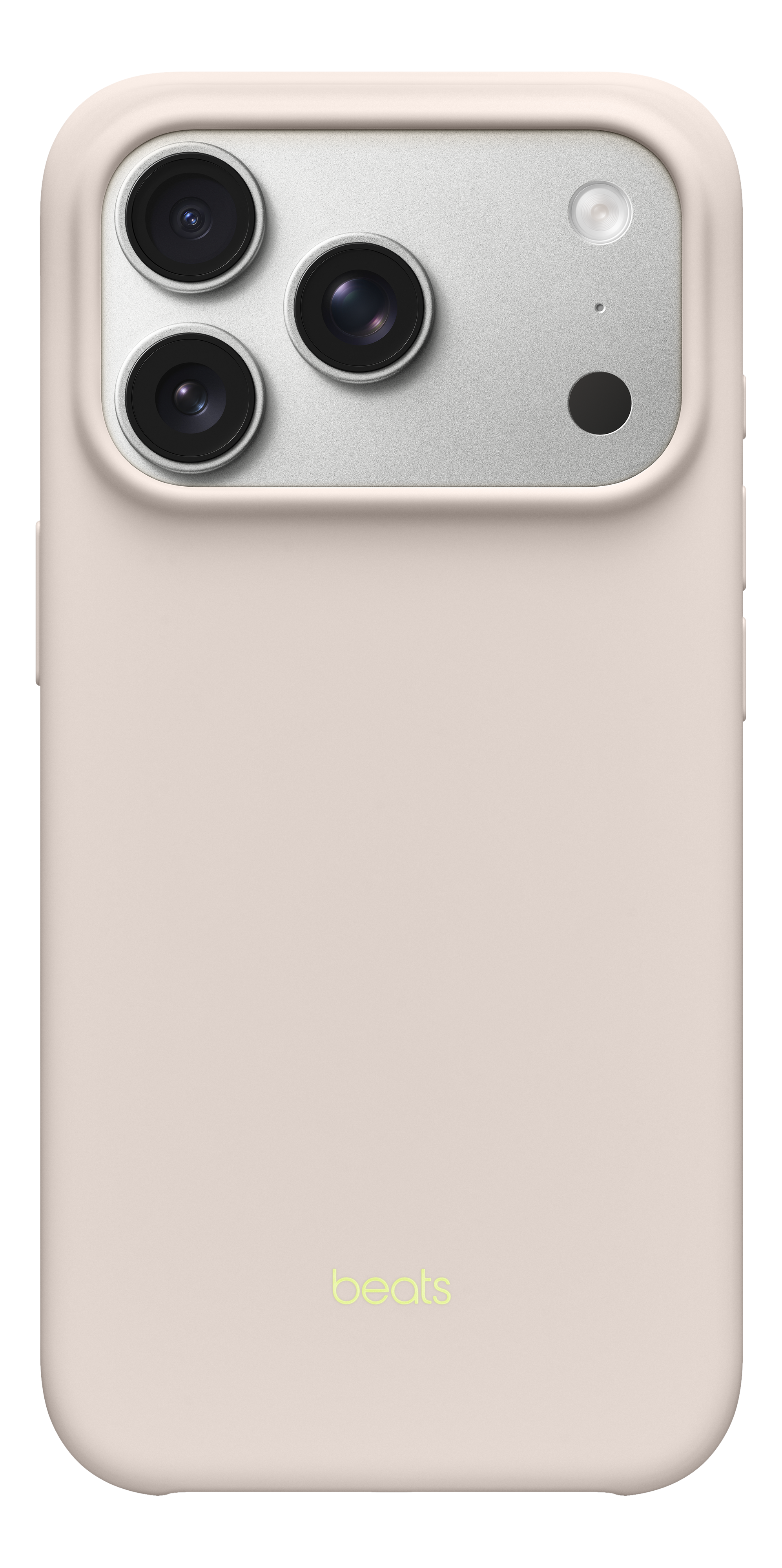 Une coque de téléphone rose pâle avec une section caméra argentée. Elle a trois lentilles, un flash et un logo Beats.