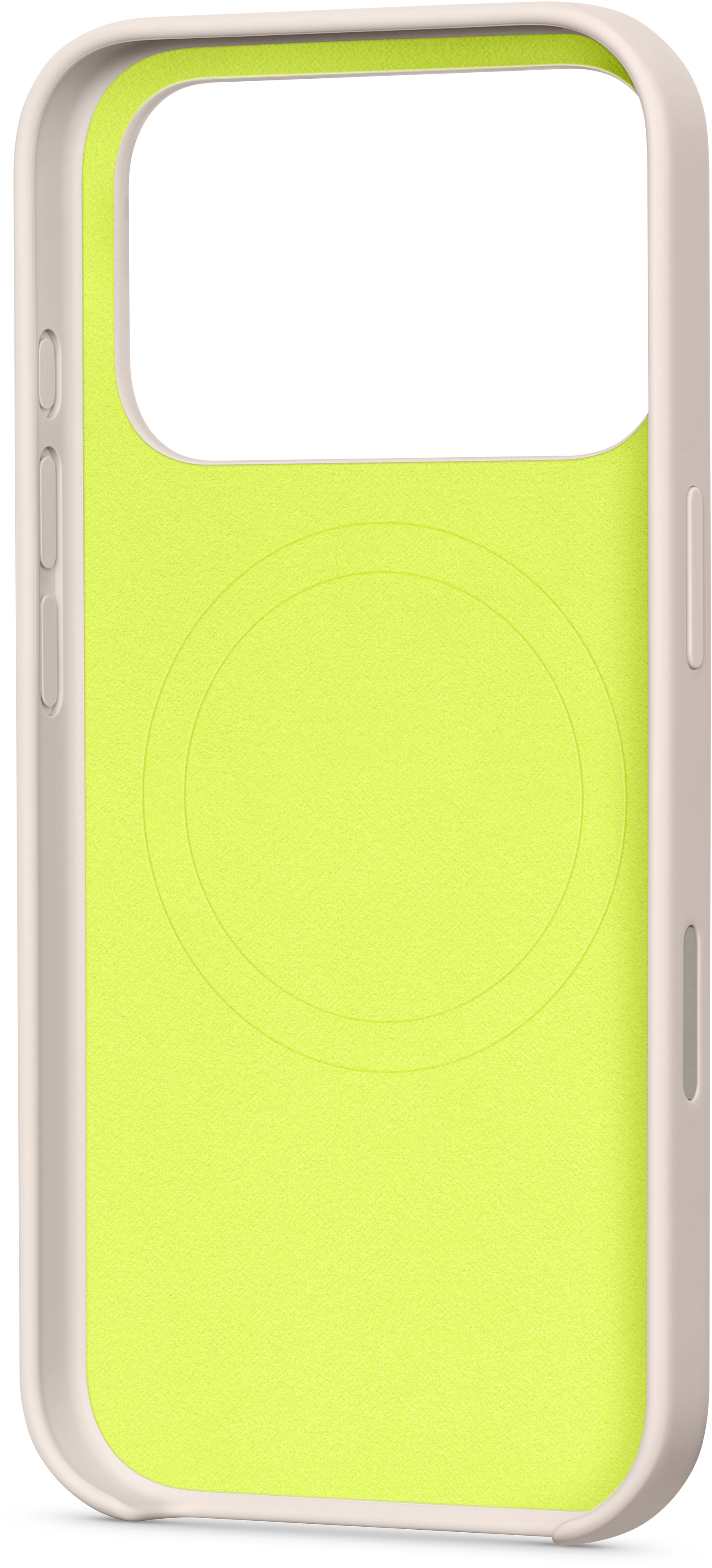 Une coque de téléphone avec un cadre crème et un intérieur jaune néon. L'intérieur présente des empreintes circulaires.
