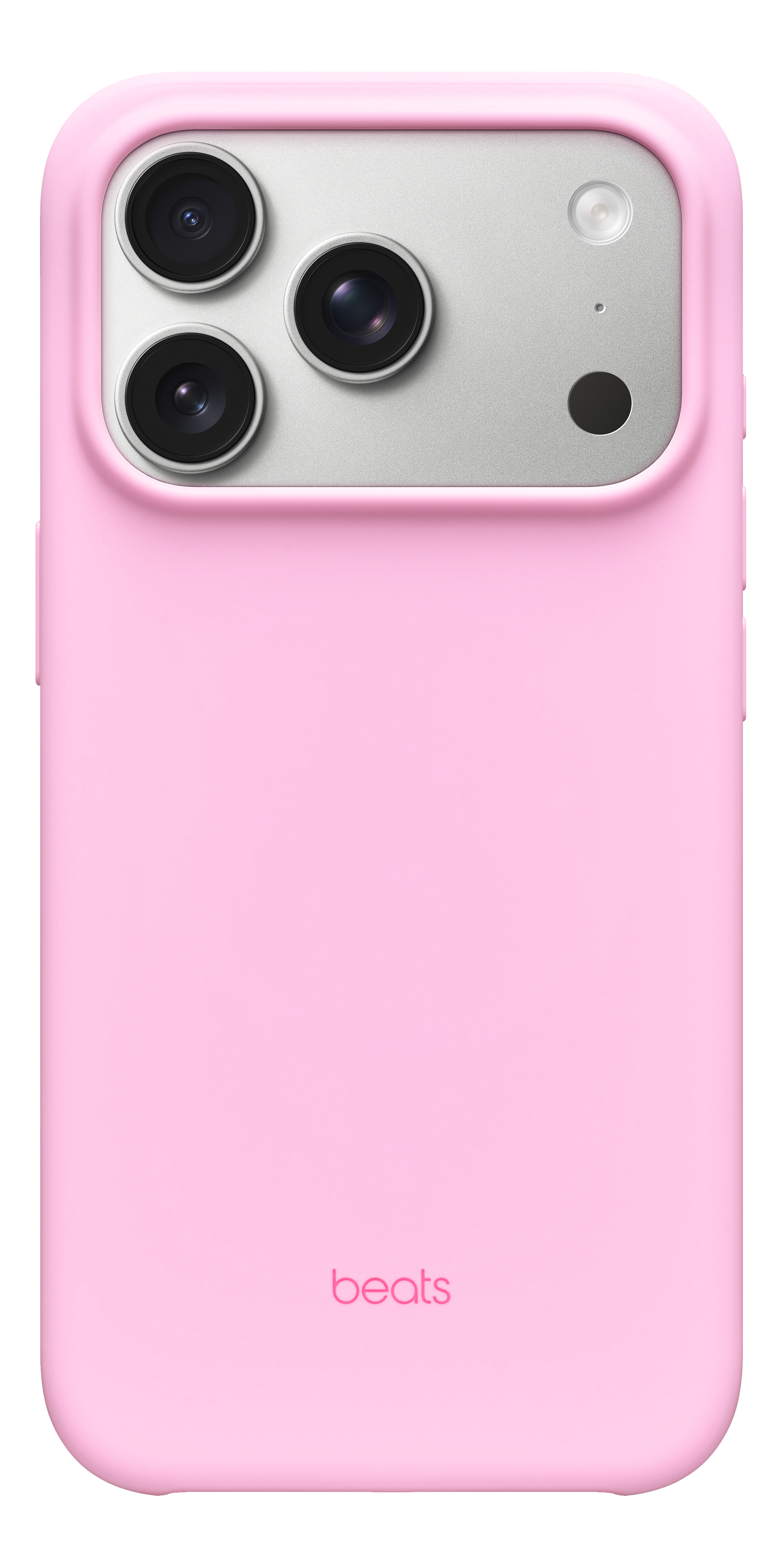 Coque de téléphone rose avec zone caméra argentée, trois objectifs et un flash. Le logo Beats est en bas.