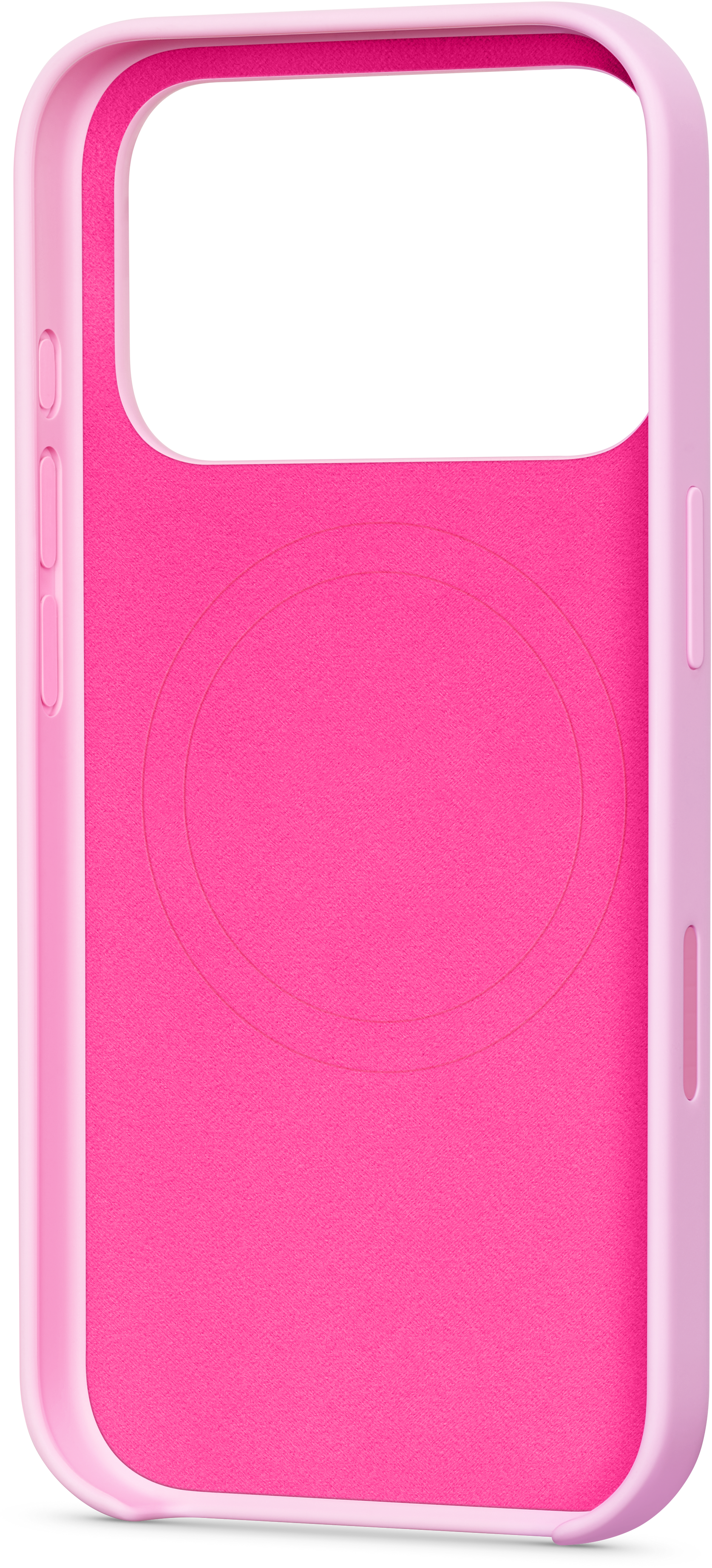 Gros plan sur une coque de téléphone rose. L'étui a une bordure rose plus claire. L'intérieur est rose plus foncé.