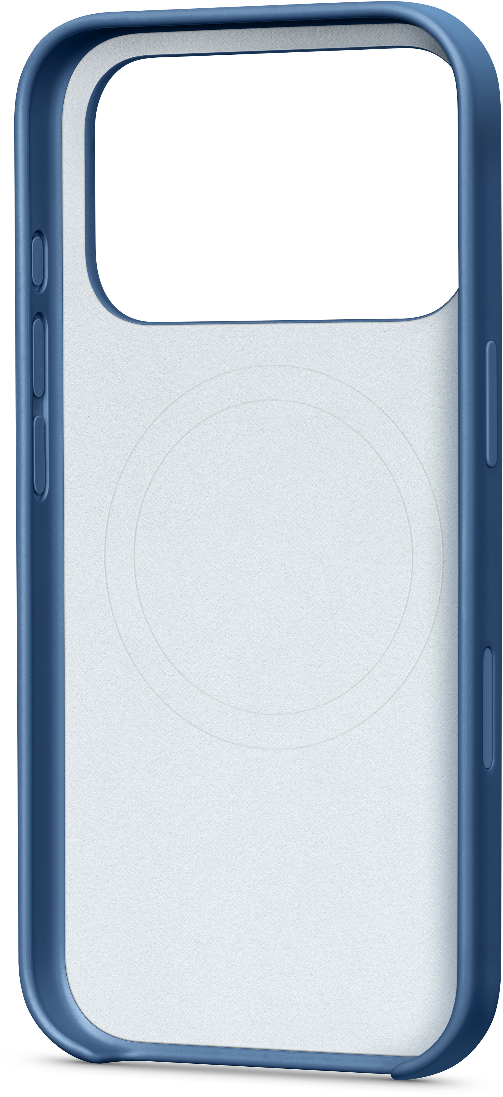 Une coque de téléphone bleue avec un intérieur blanc et un design circulaire au centre. Des boutons et ouvertures sont visibles.