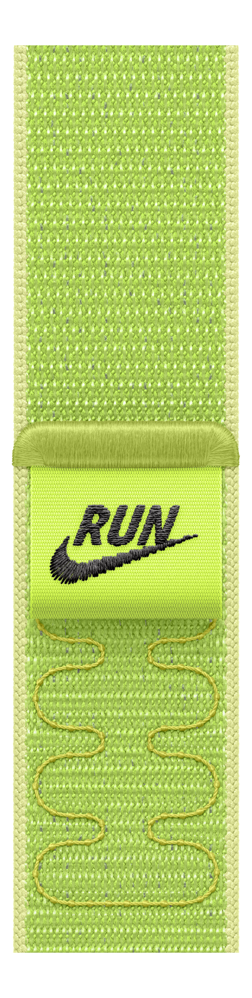 Une bande tissée vert citron avec une étiquette indiquant RUN et le logo Nike. Bords beiges et coutures jaunes.
