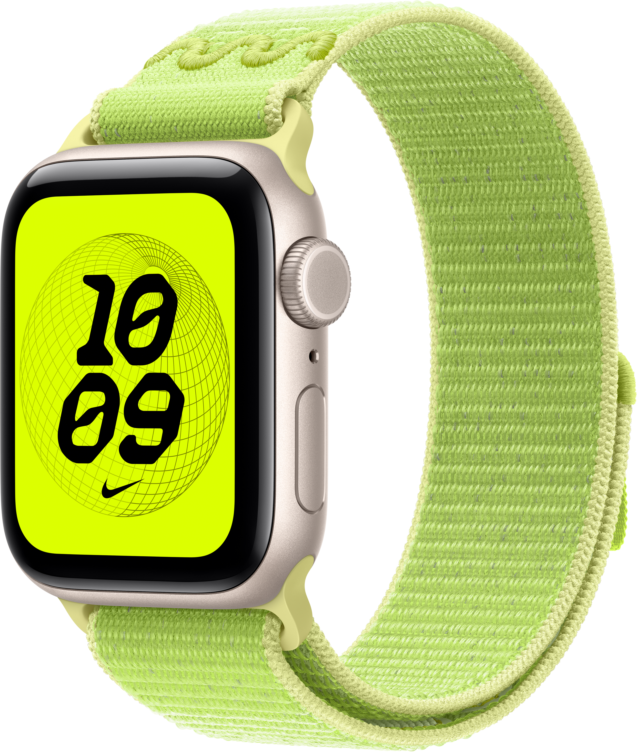 Une Apple Watch avec un bracelet vert néon. Le cadran affiche l'heure : 10:09. Fond noir.