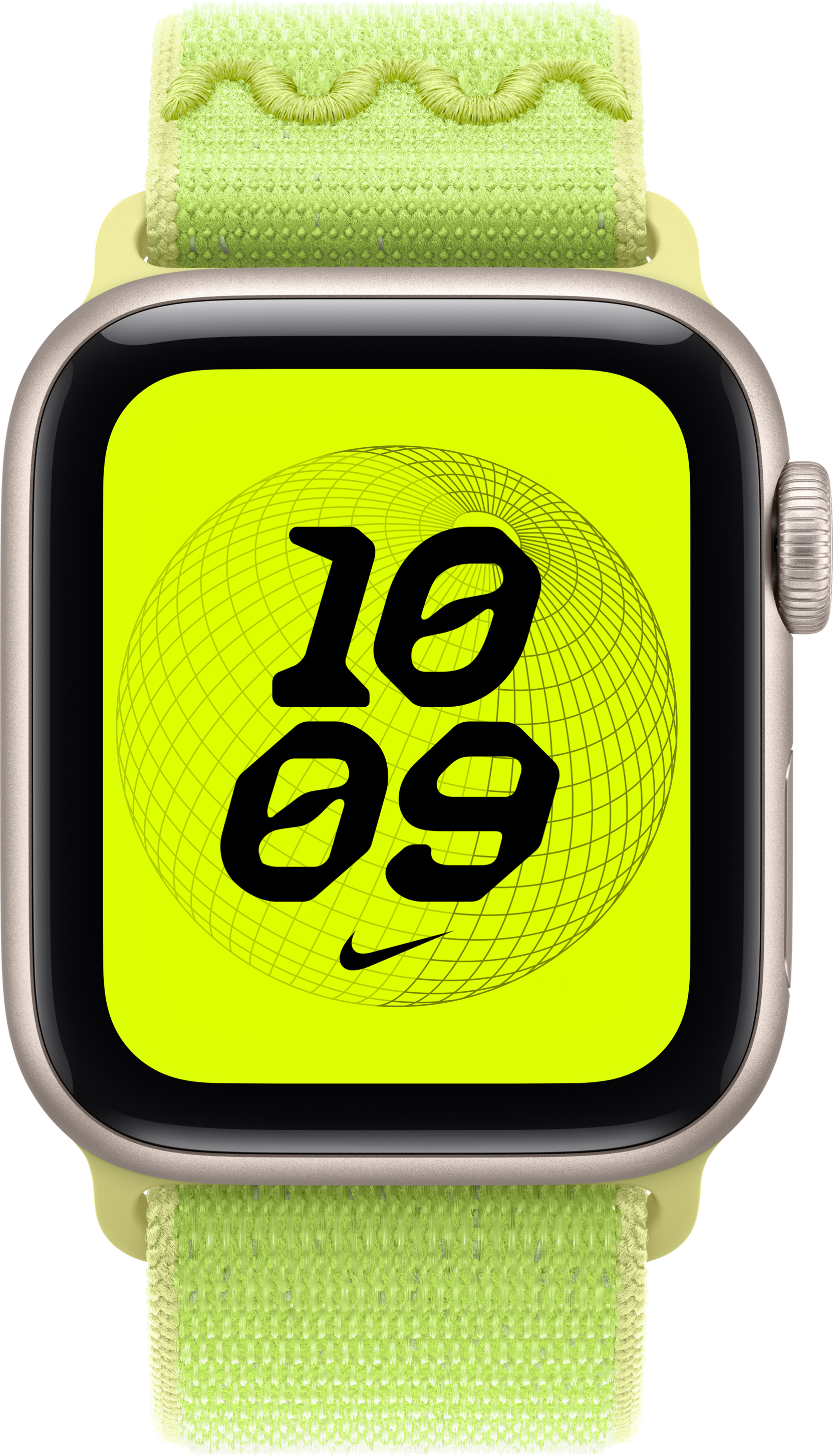 Apple Watch avec cadran vert néon affichant 10h09. Il a un bracelet tissé vert citron. Le fond est noir.
