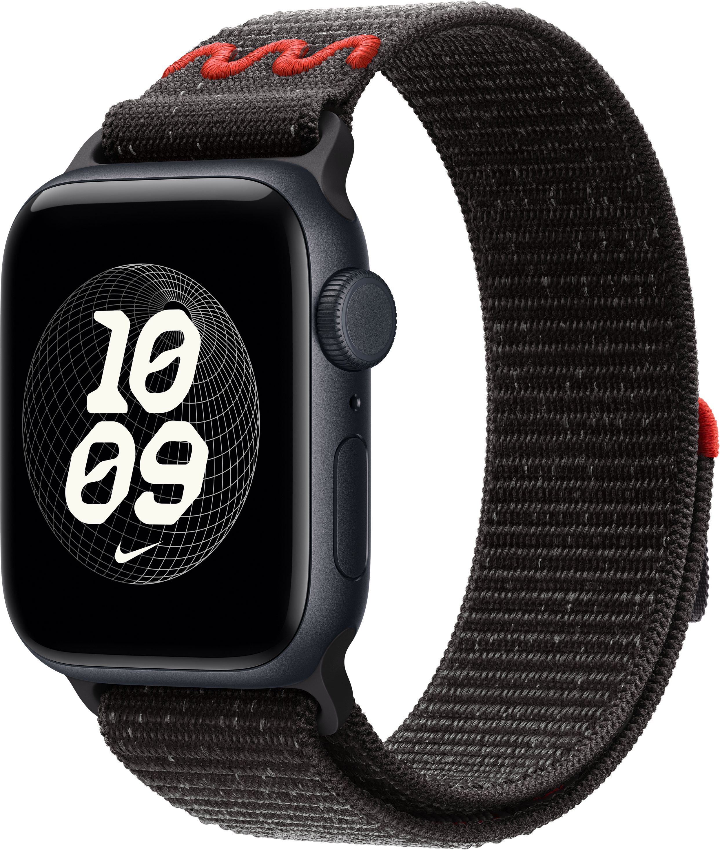 Une Apple Watch gris foncé avec un bracelet noir, affichant l'heure. Le bracelet a des coutures rouges.