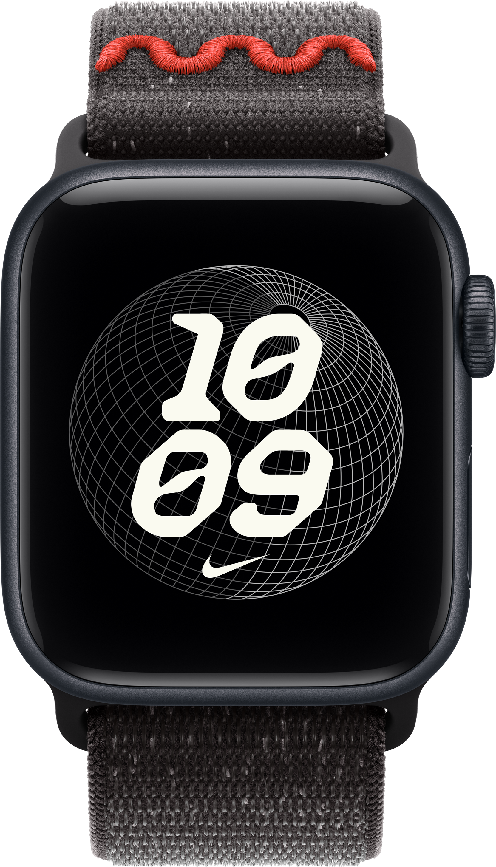 Une montre connectée noire avec un écran affichant l'heure et un logo Nike. Le bracelet est gris foncé avec un accent rouge.