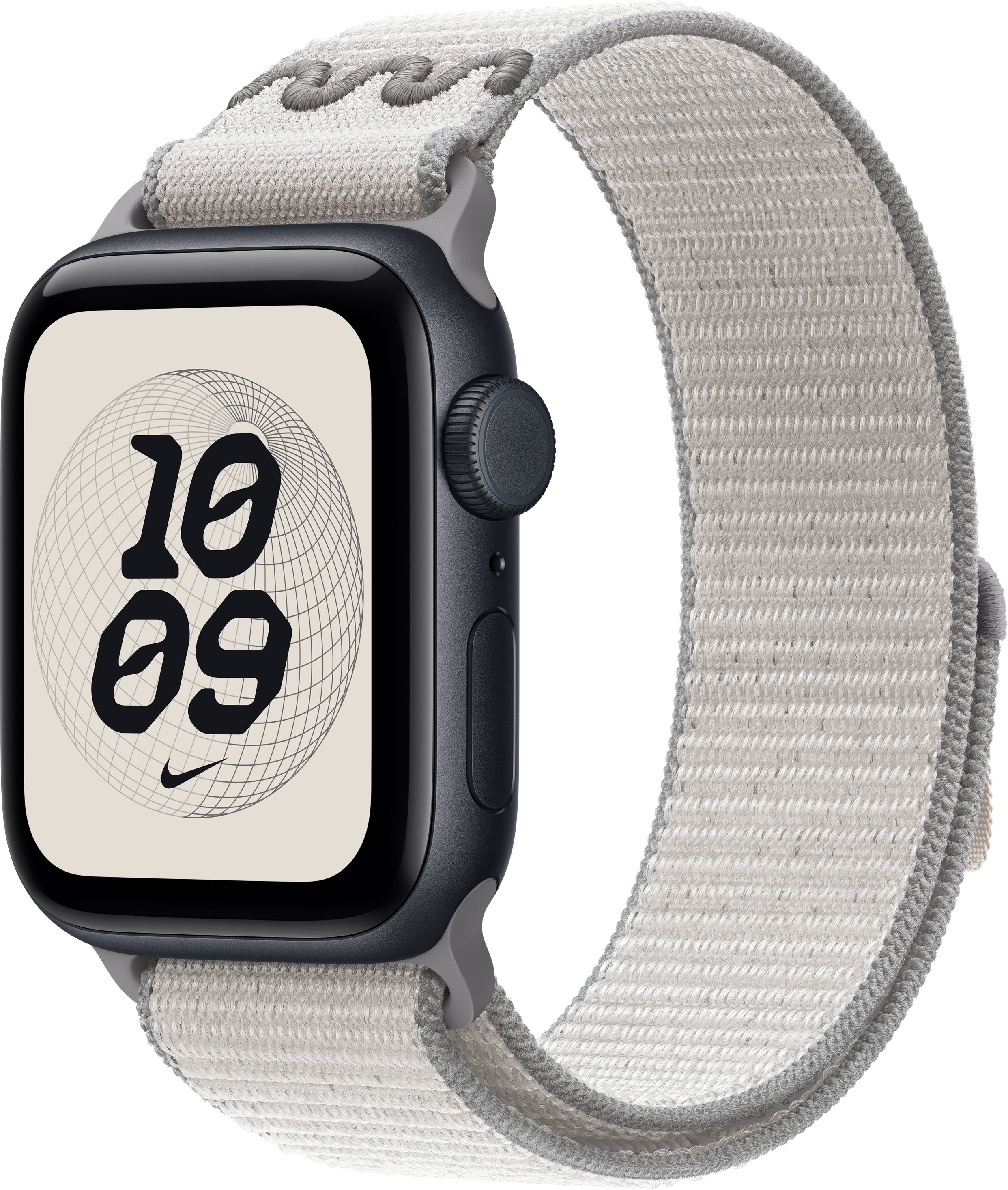 Une Apple Watch noire avec un bracelet en tissu gris clair, affichant l'heure, 10h09, sur un écran beige. Logo Nike.