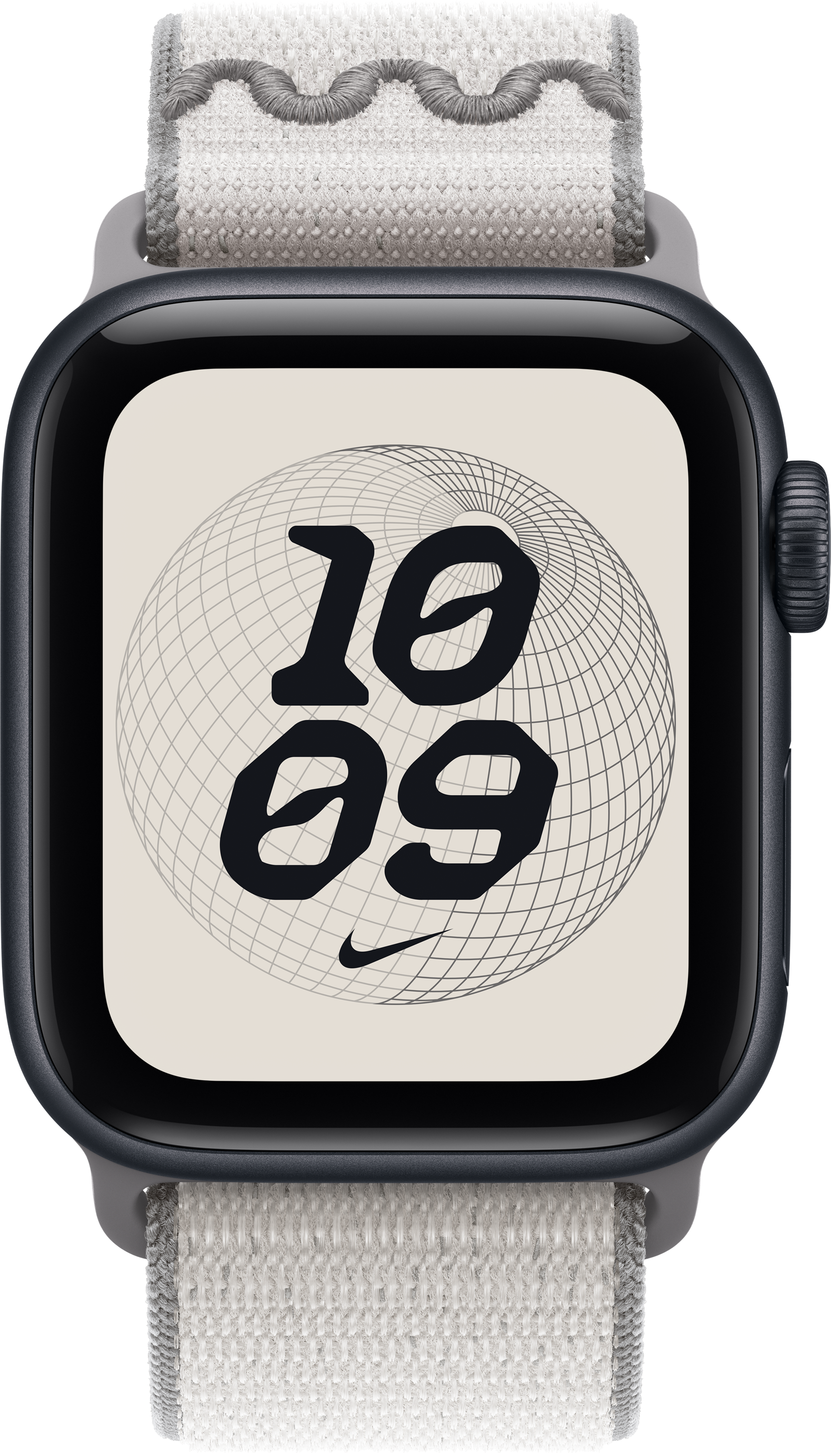 Apple Watch avec bracelet gris tissé. Le cadran affiche l'heure 10h09 en noir sur un design de globe beige clair.