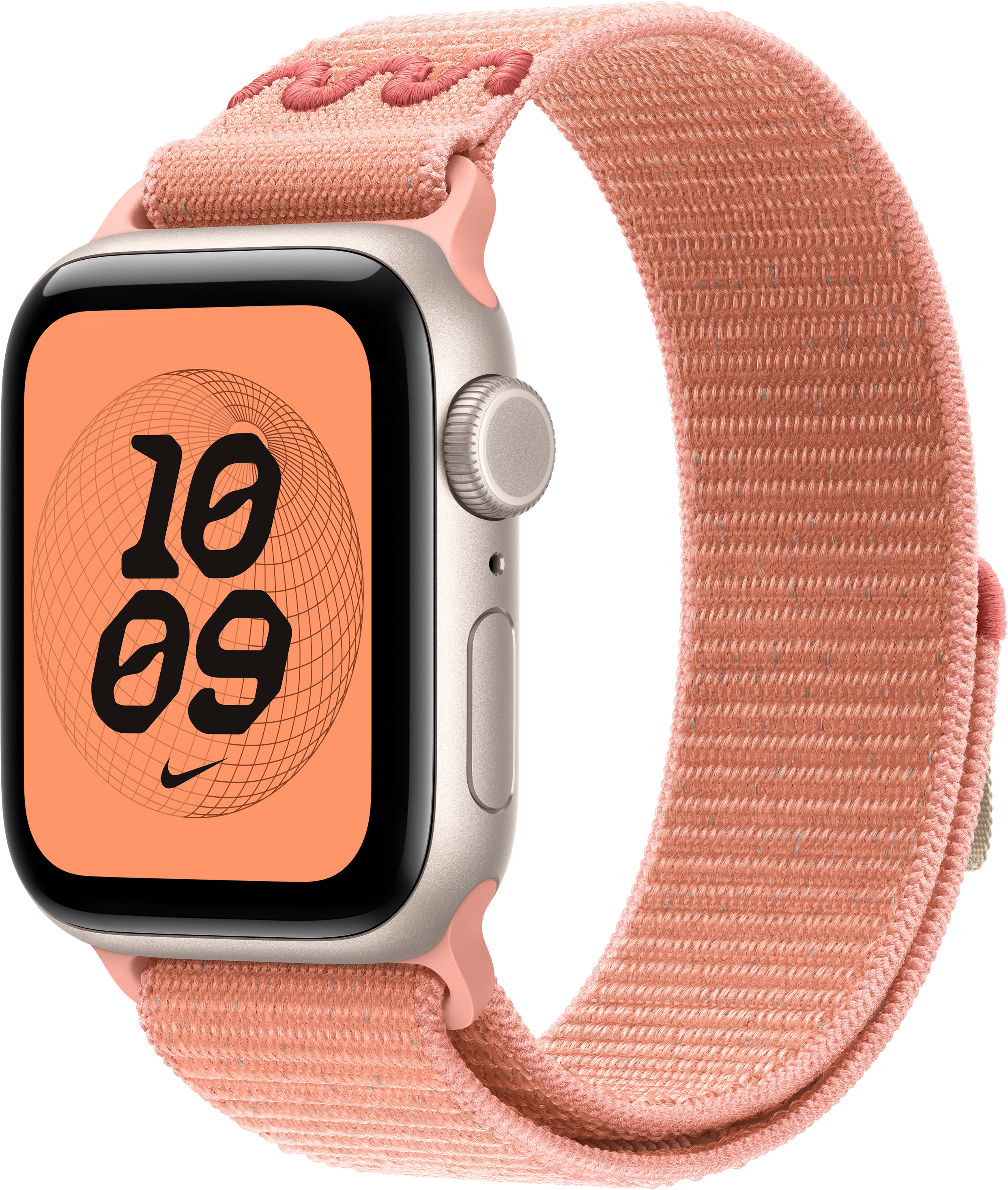 Apple Watch avec bracelet rose. L'écran affiche 10h09 avec logo Nike. Le bracelet est autour de la montre.
