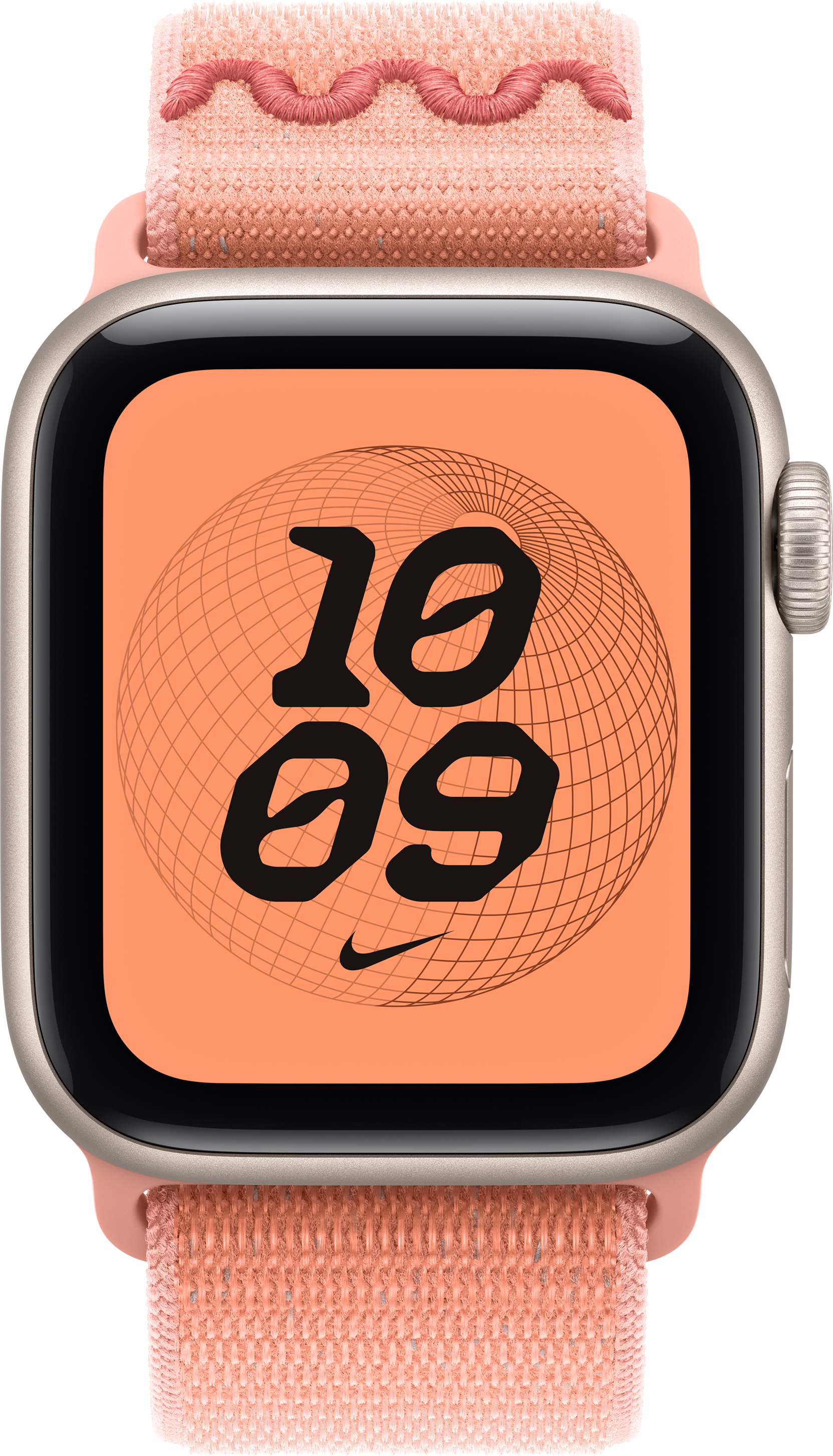 Apple Watch avec cadran orange affichant l'heure 10:09. Il a un bracelet rose avec un motif ondulé.