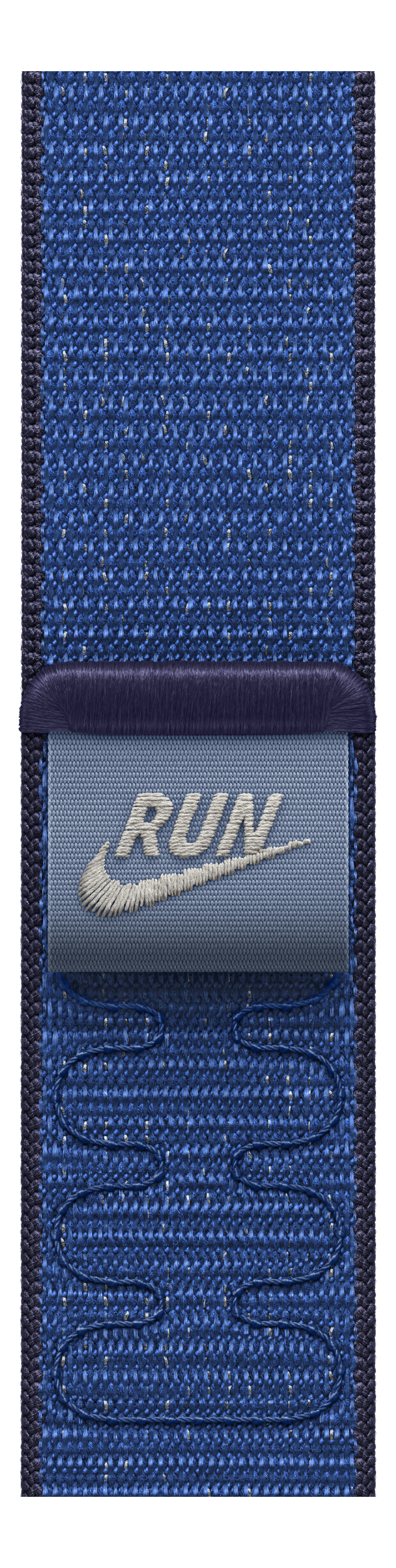 Gros plan sur une sangle en tissu bleu avec une texture tissée. Une étiquette indique "RUN" avec le logo Nike.