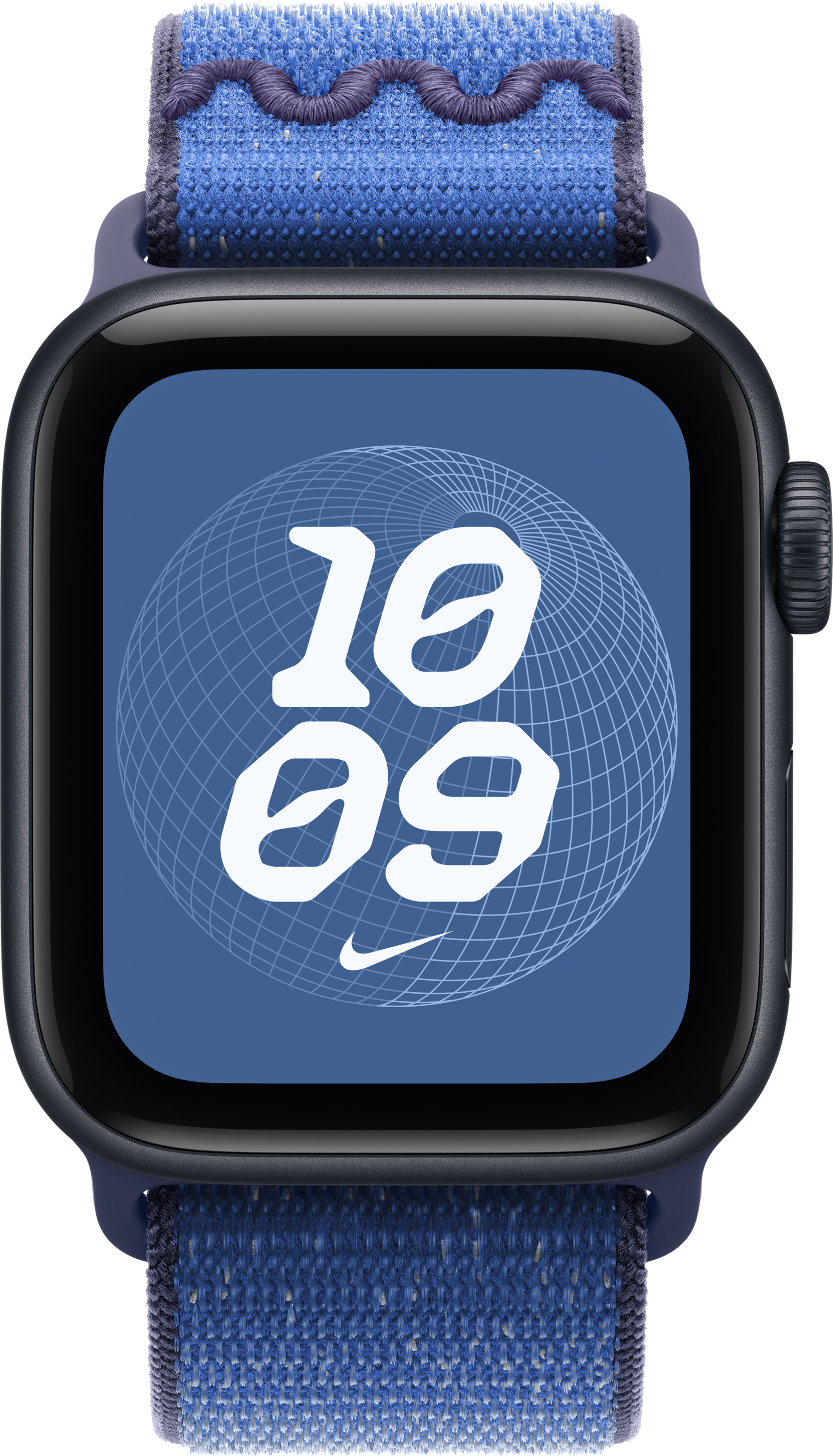 Une Apple Watch gris foncé affiche 10:09 sur un écran bleu. Le bracelet est bleu avec un dessus décoratif.