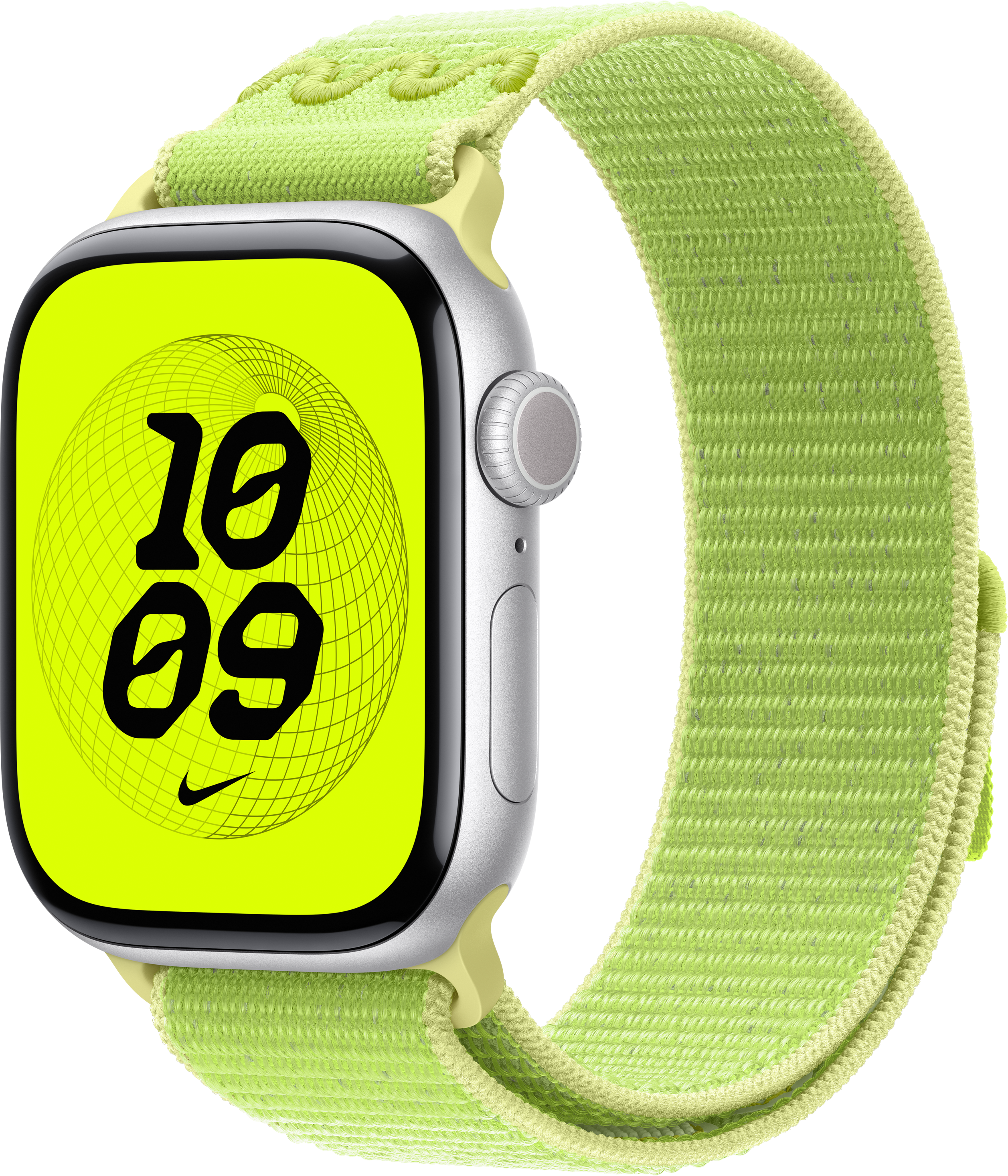 Une Apple Watch avec un bracelet vert. Le cadran est vert fluo, affichant l'heure 10:09.