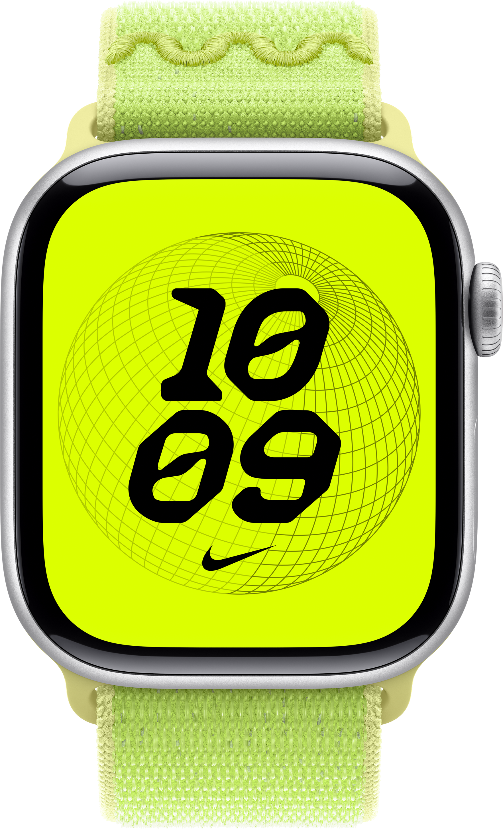 Apple Watch avec bracelet vert néon. L'écran affiche l'heure '10:09' sur un motif quadrillé. Logo Nike visible.