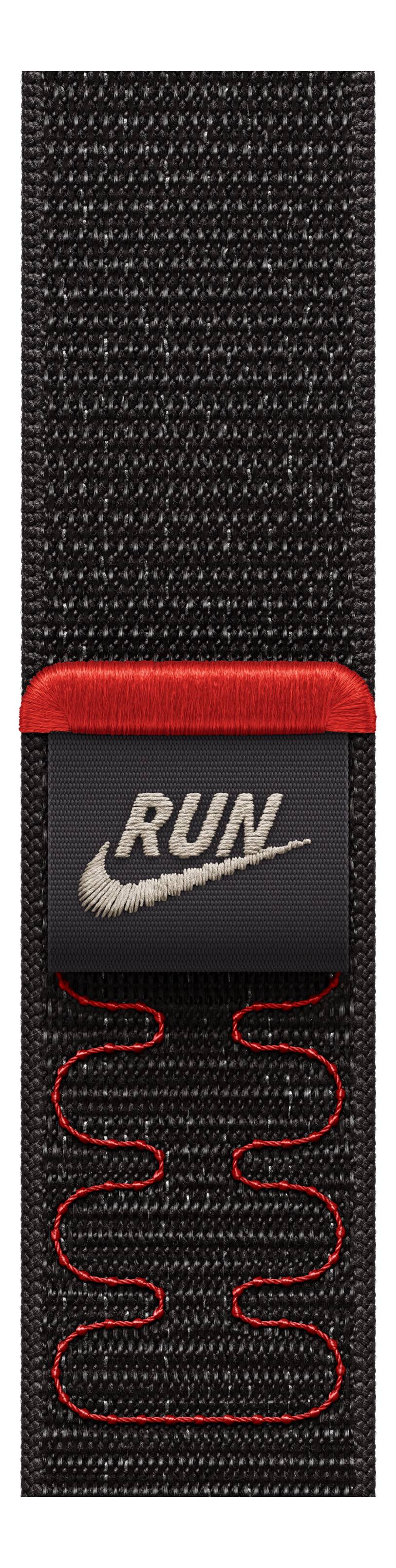 Bande noire texturée avec garniture rouge. Comprend une étiquette noire avec 'RUN' et le logo Nike, des coutures rouges et un fond noir.