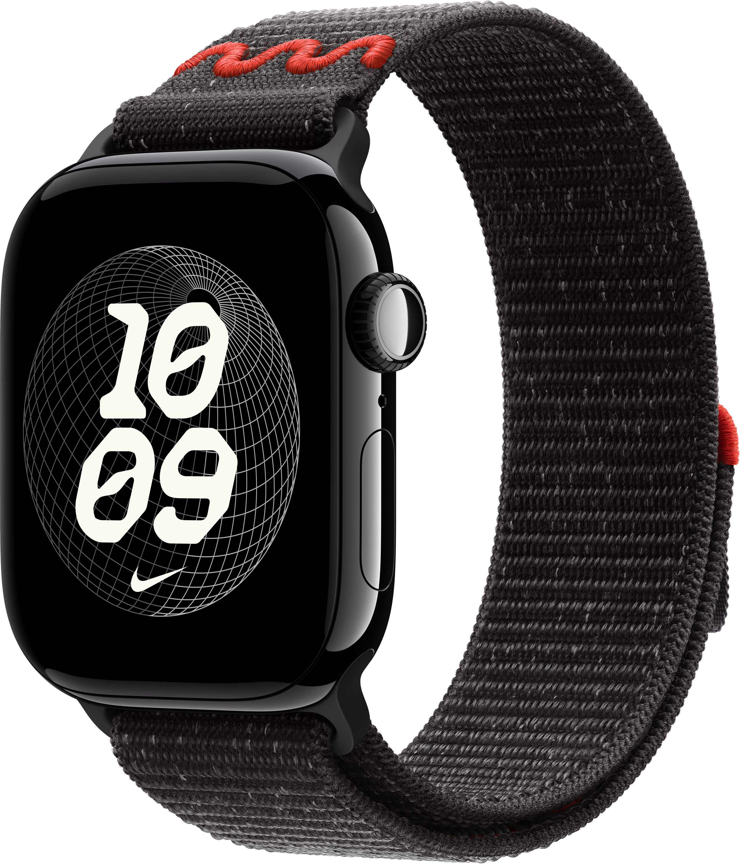 Apple Watch noire avec bracelet noir et touches de rouge. L'écran affiche l'heure 10:09.