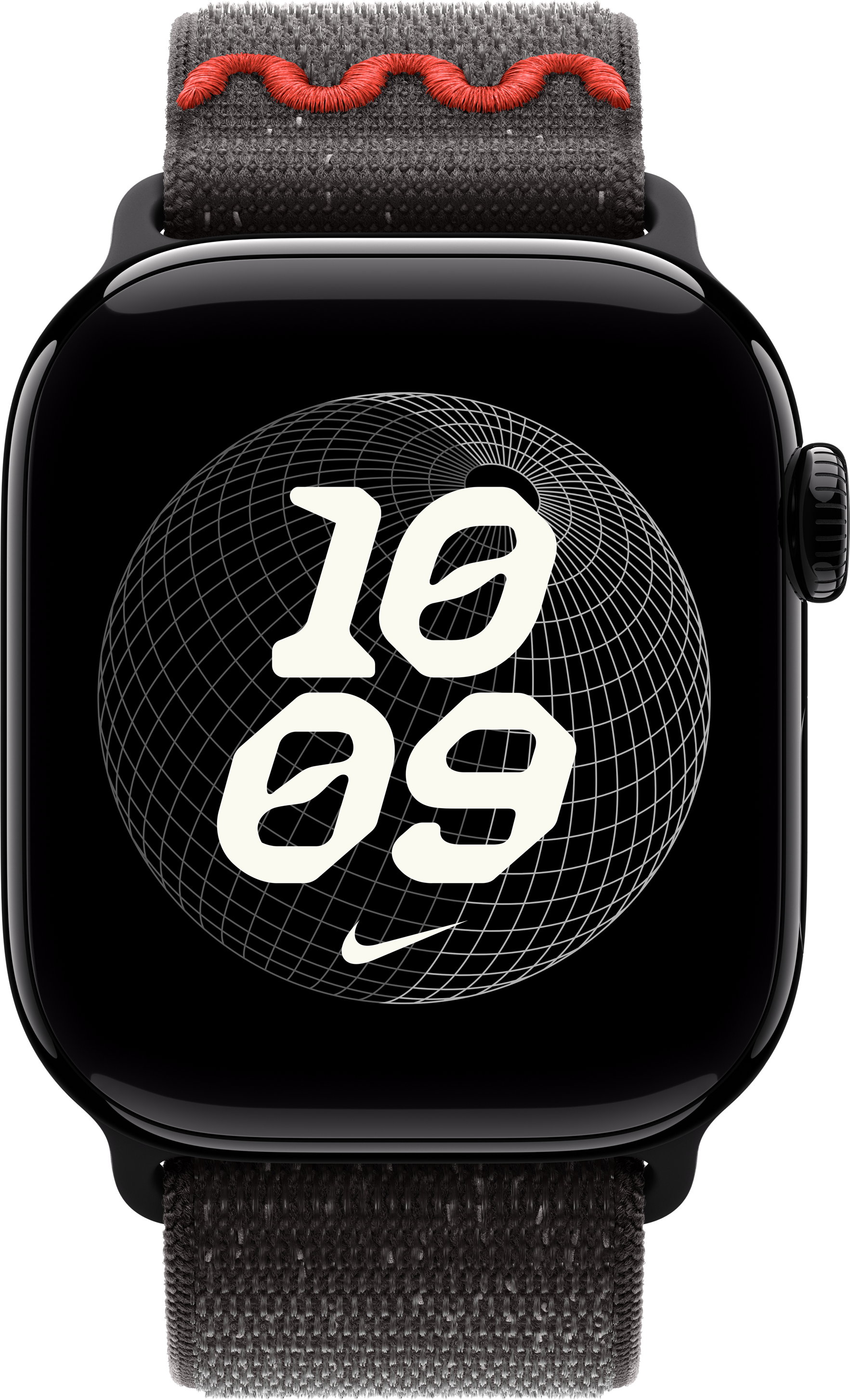 Apple Watch noire avec cadran Nike. L'écran affiche '10:09' sur une grille. Bracelet gris avec détails de coutures rouges.
