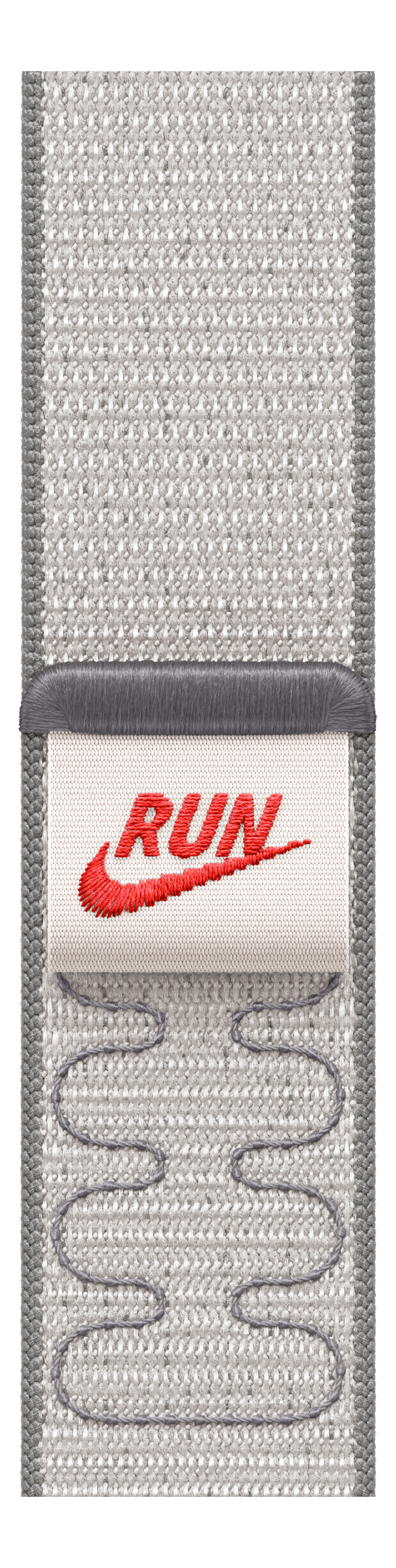 Un tissu gris avec une étiquette blanche indiquant 'RUN' avec le logo Nike. Il présente des coutures décoratives grises et une texture tissée.