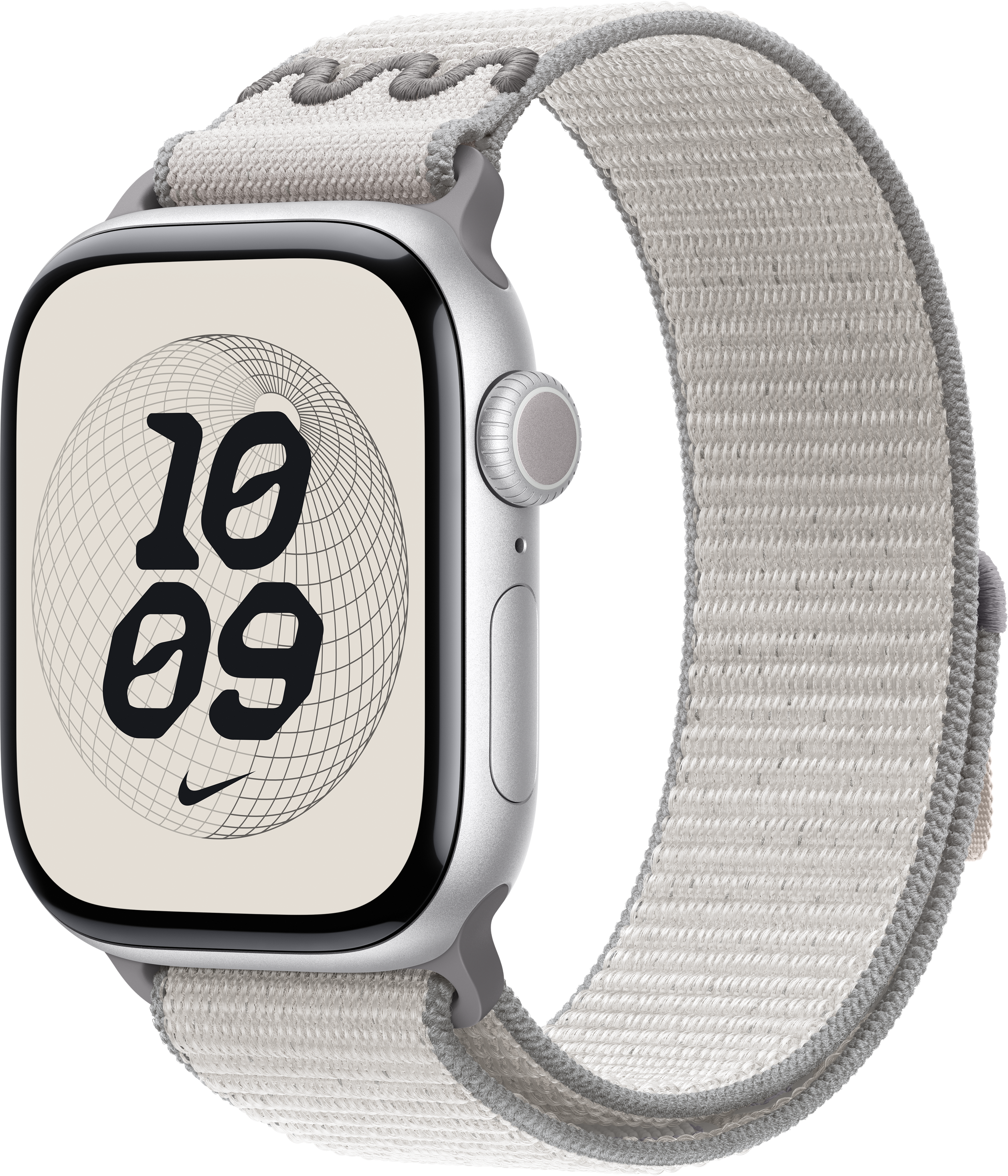Apple Watch argentée avec bracelet gris clair. L'écran affiche l'heure 10:09 et le logo Nike.