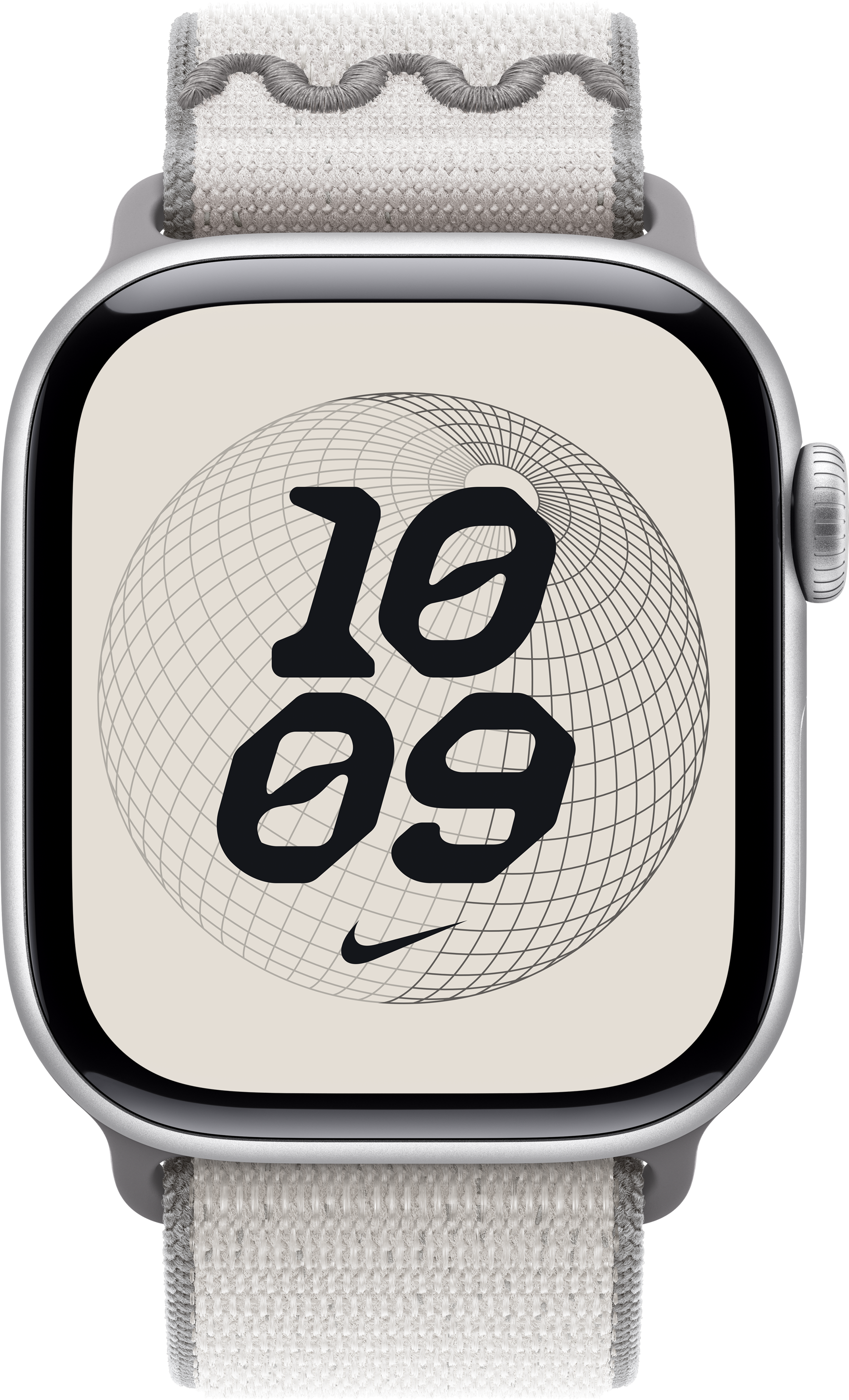 Une Apple Watch argentée affiche l'heure '10:09' sur un cadran crème. La montre a un bracelet gris.