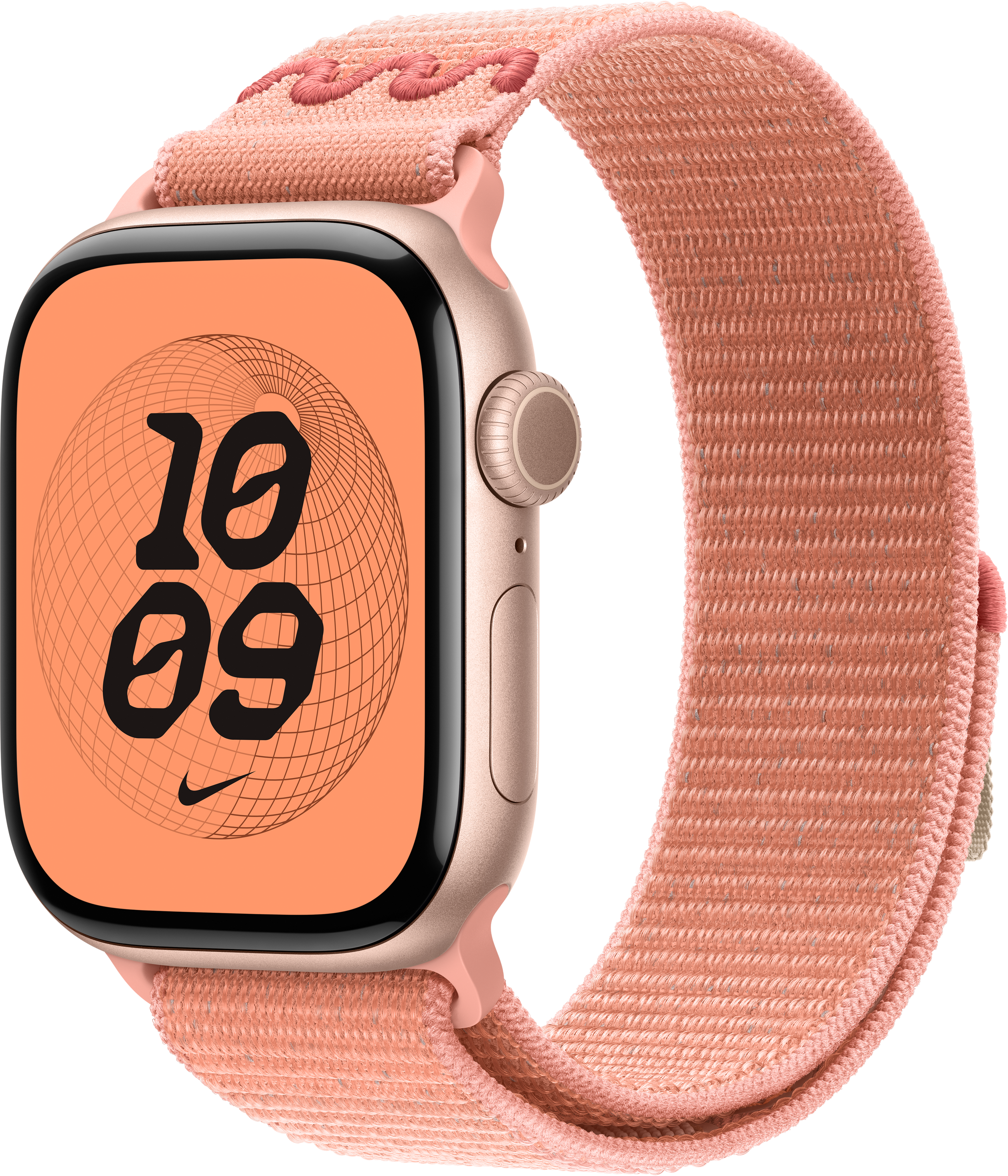 Une Apple Watch avec un bracelet rose. Le cadran affiche l'heure 10h09. Fond noir.