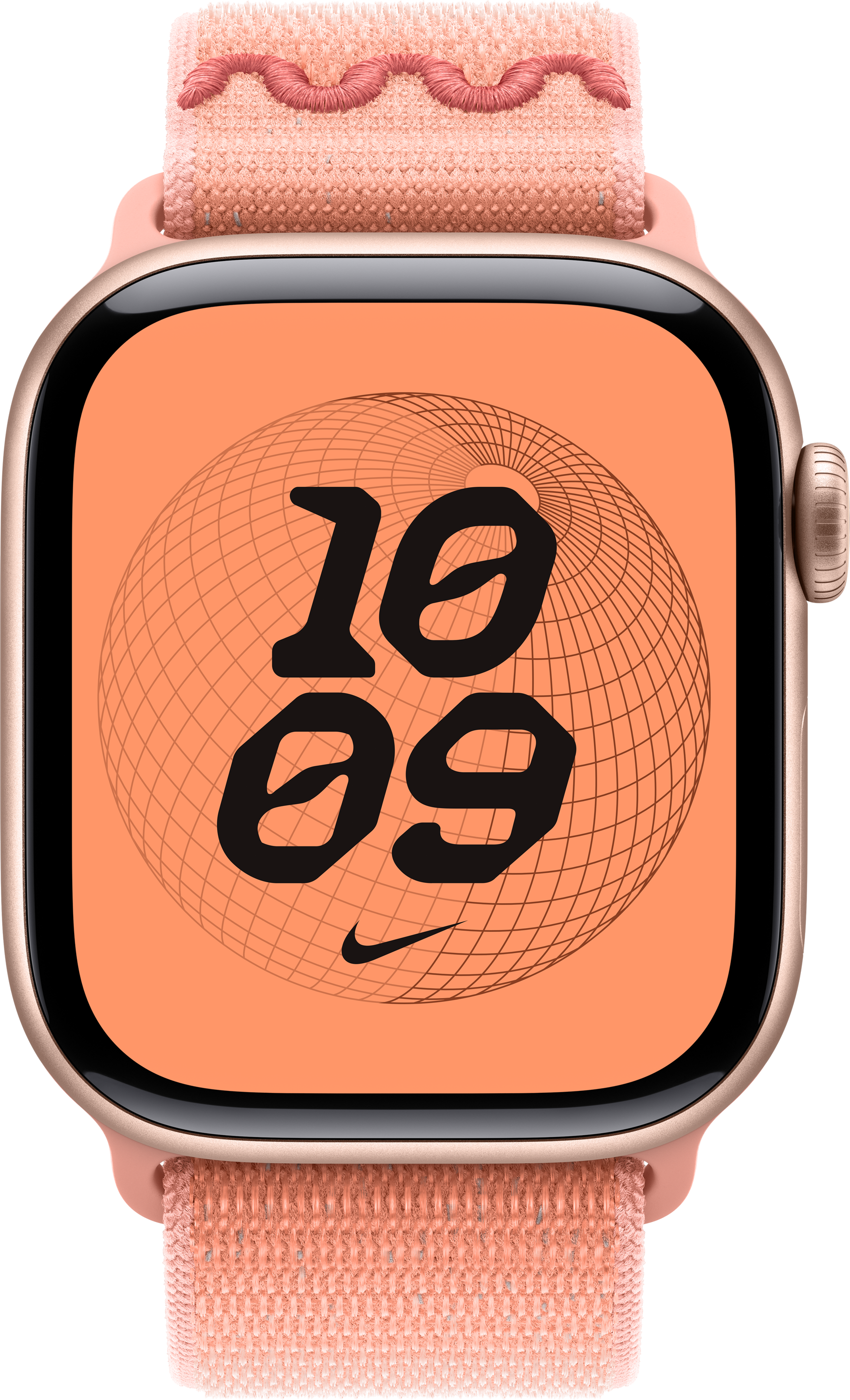 Une Apple Watch dorée avec un bracelet pêche. L'écran affiche '10:09' avec le logo Nike et un globe graphique.