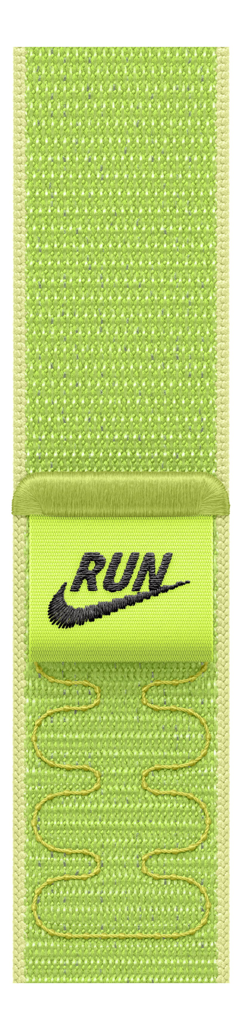 Une étiquette verte Nike Run. Elle comporte le logo Nike noir et le mot 'RUN'. Le fond est en tissu vert.