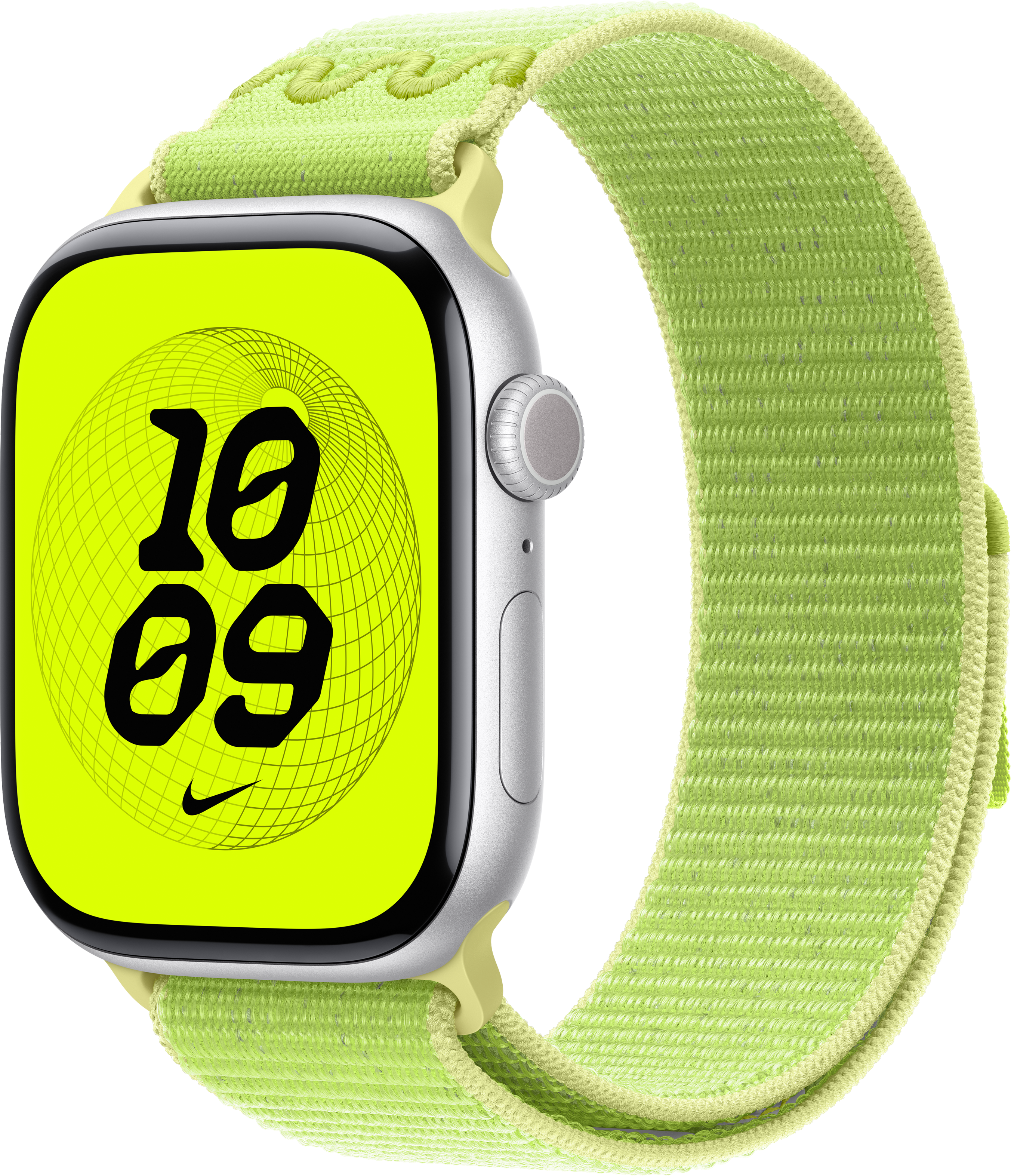 Une Apple Watch argentée avec un écran vert néon affichant l'heure et le logo Nike, associée à un bracelet vert citron.