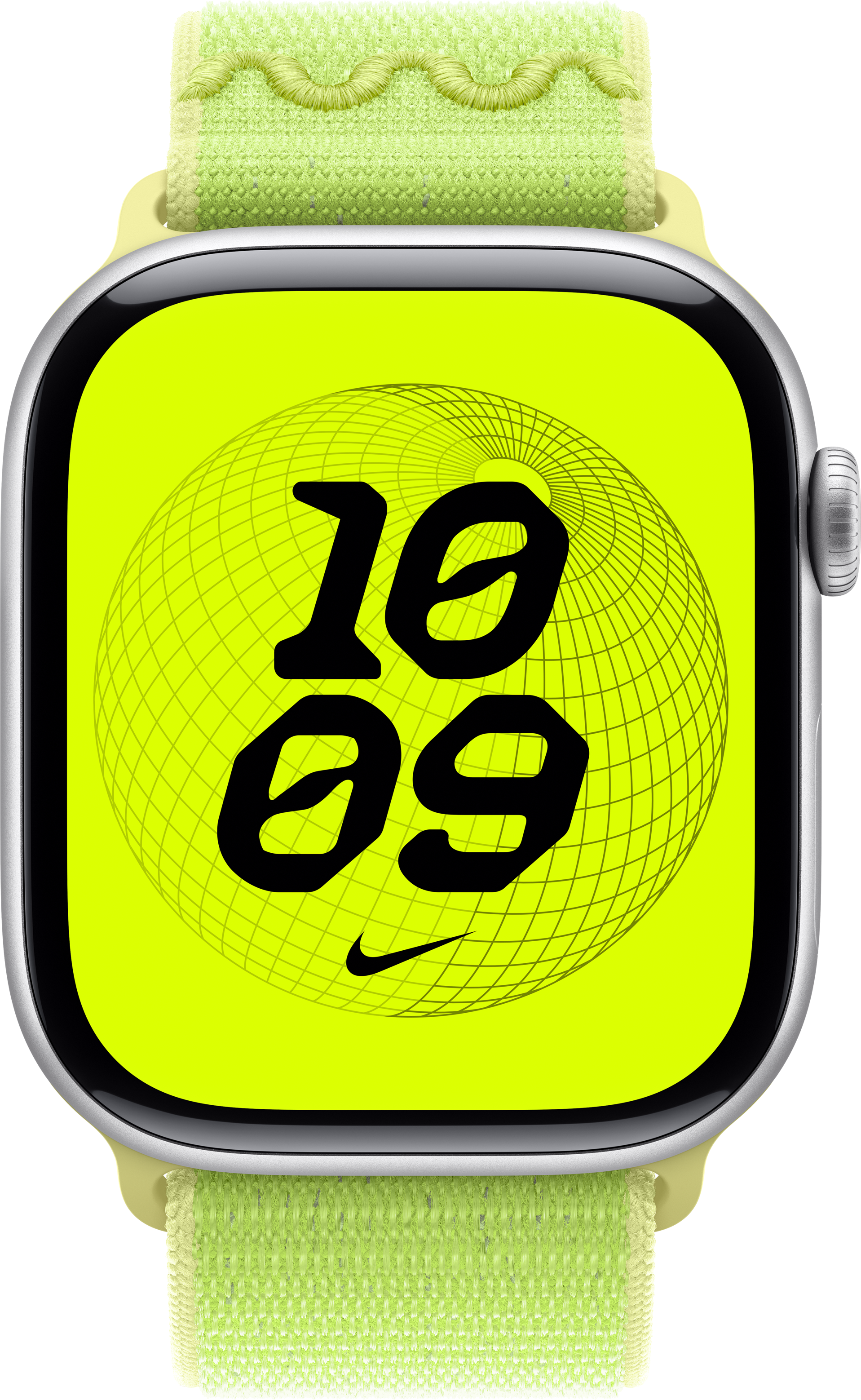 Apple Watch avec écran fluo affichant l'heure 10:09. Le bracelet est vert clair.