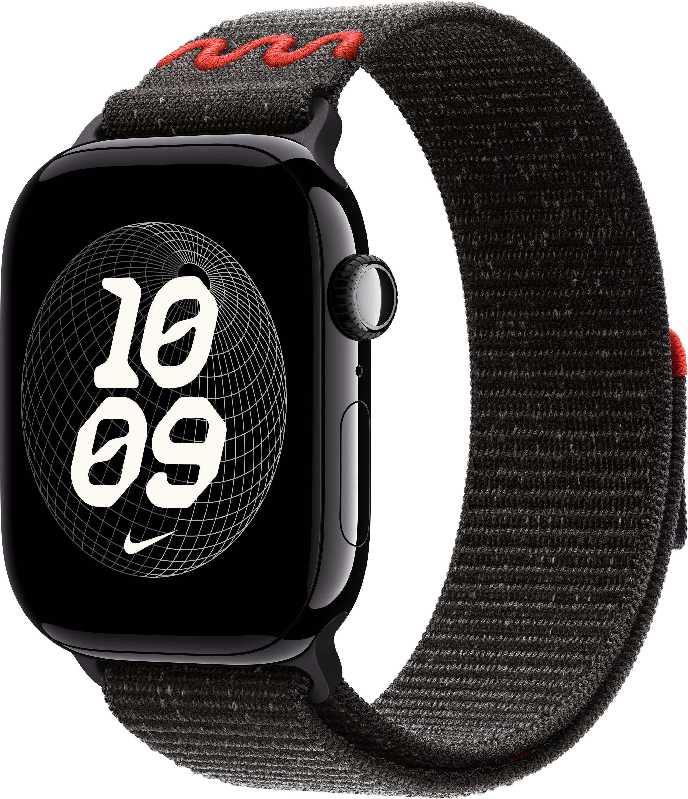 Apple Watch noire avec bracelet sport gris. Le cadran affiche l'heure. Accents rouges sur le bracelet.